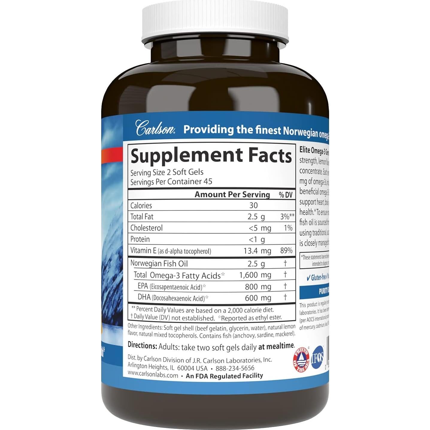 Carlson Labs Omega-3 Elite 1600mg 90 Cápsulas Blandas