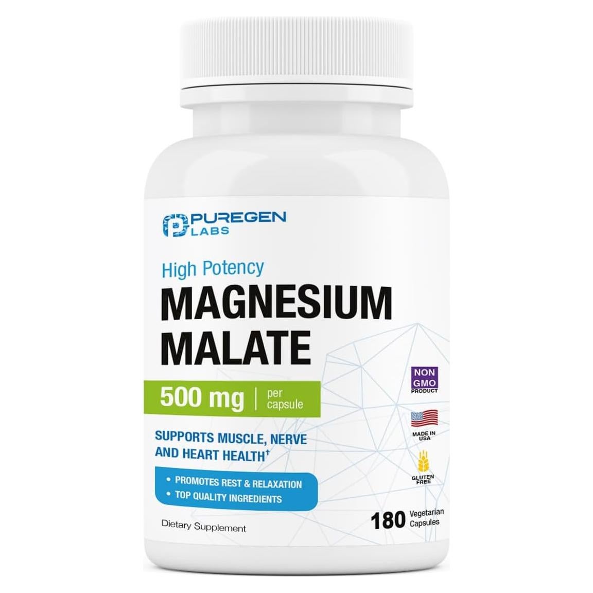 Malato de Magnesio 500mg Puregen Labs 180 Cápsulas Vegetales