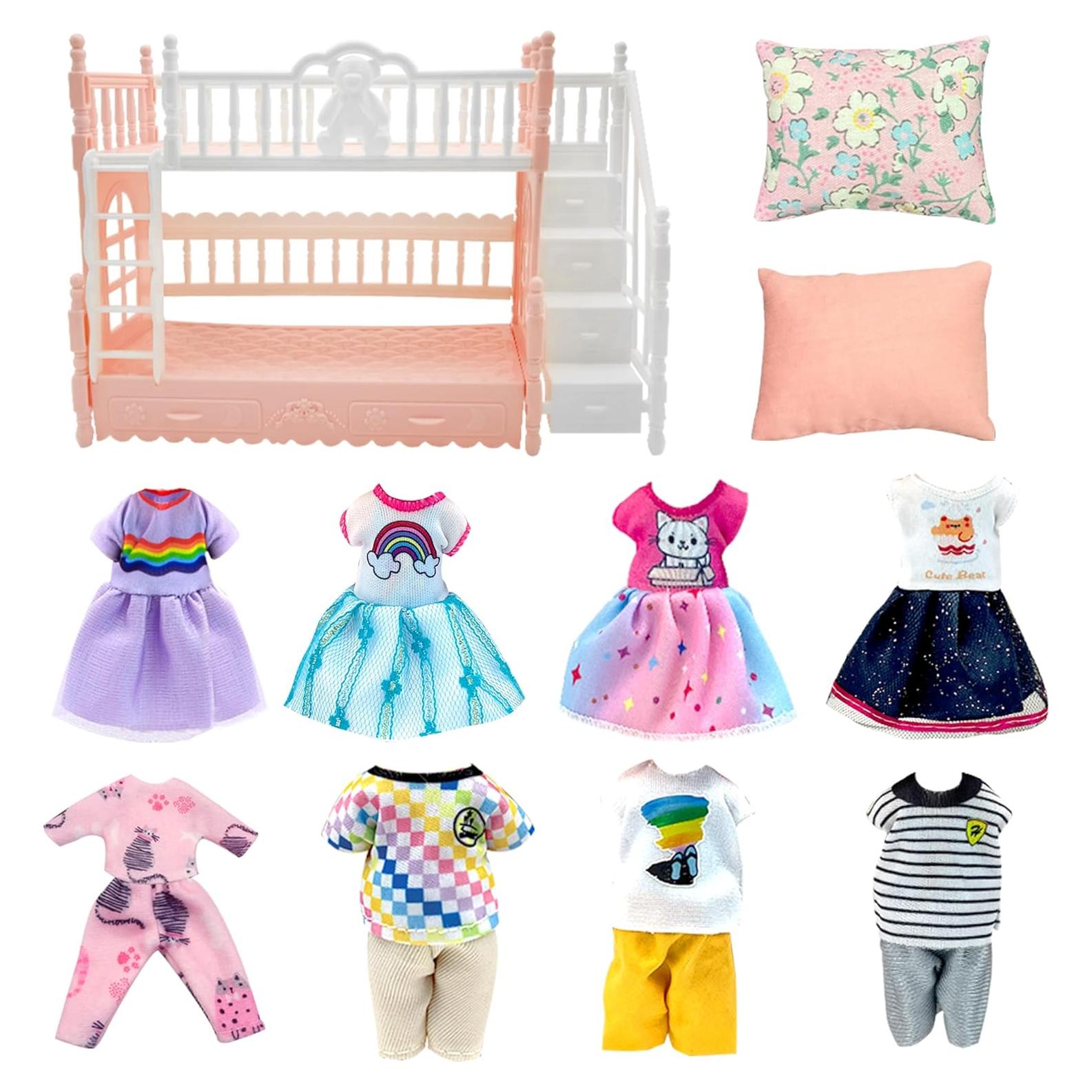 Ropa para muñecas 13.46 cm + Cama litera rosa + 6 trajes