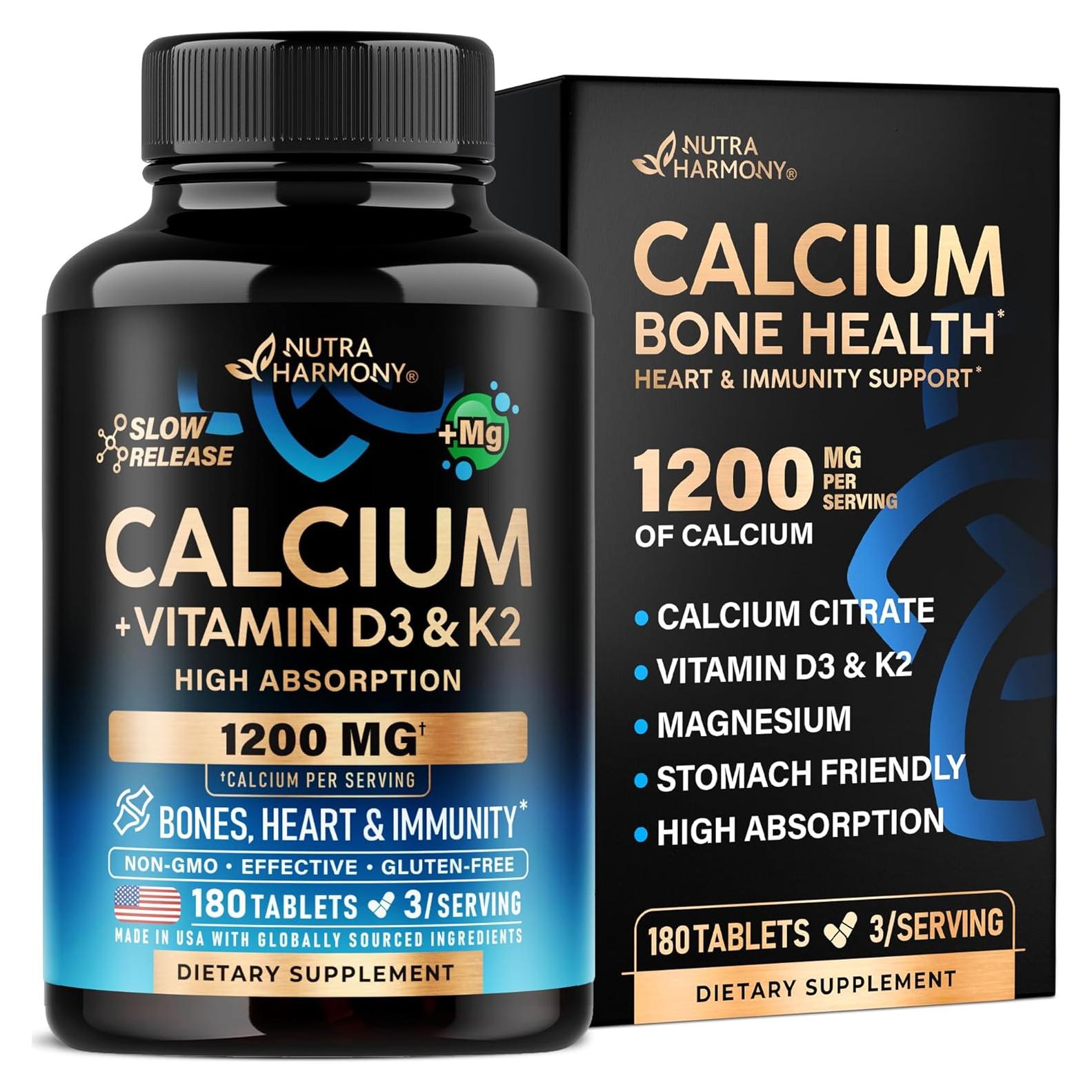 Suplemento de Calcio 1200 mg Nutra Harmony con D3 y K2 - 180 Tabletas