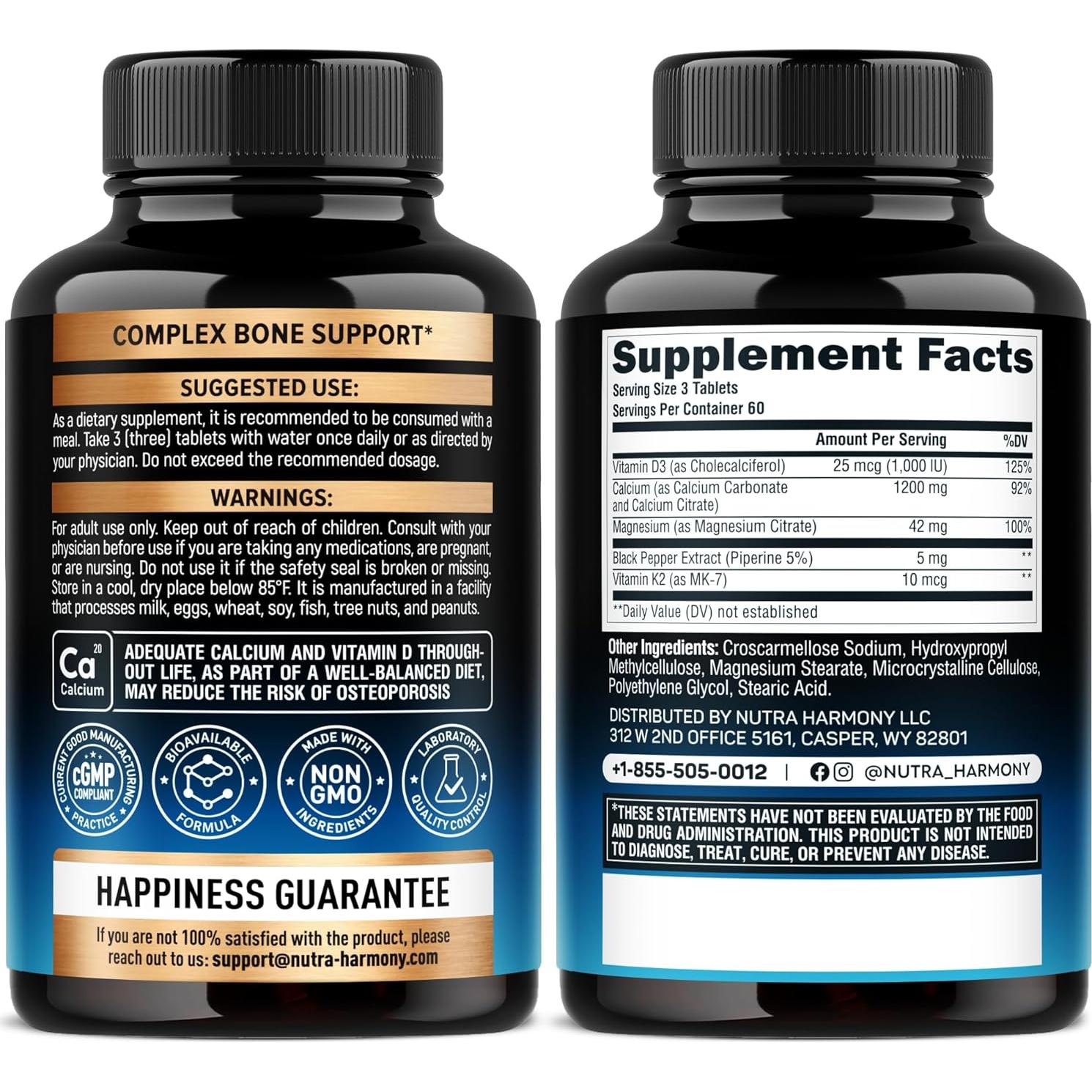 Suplemento de Calcio 1200 mg Nutra Harmony con D3 y K2 - 180 Tabletas