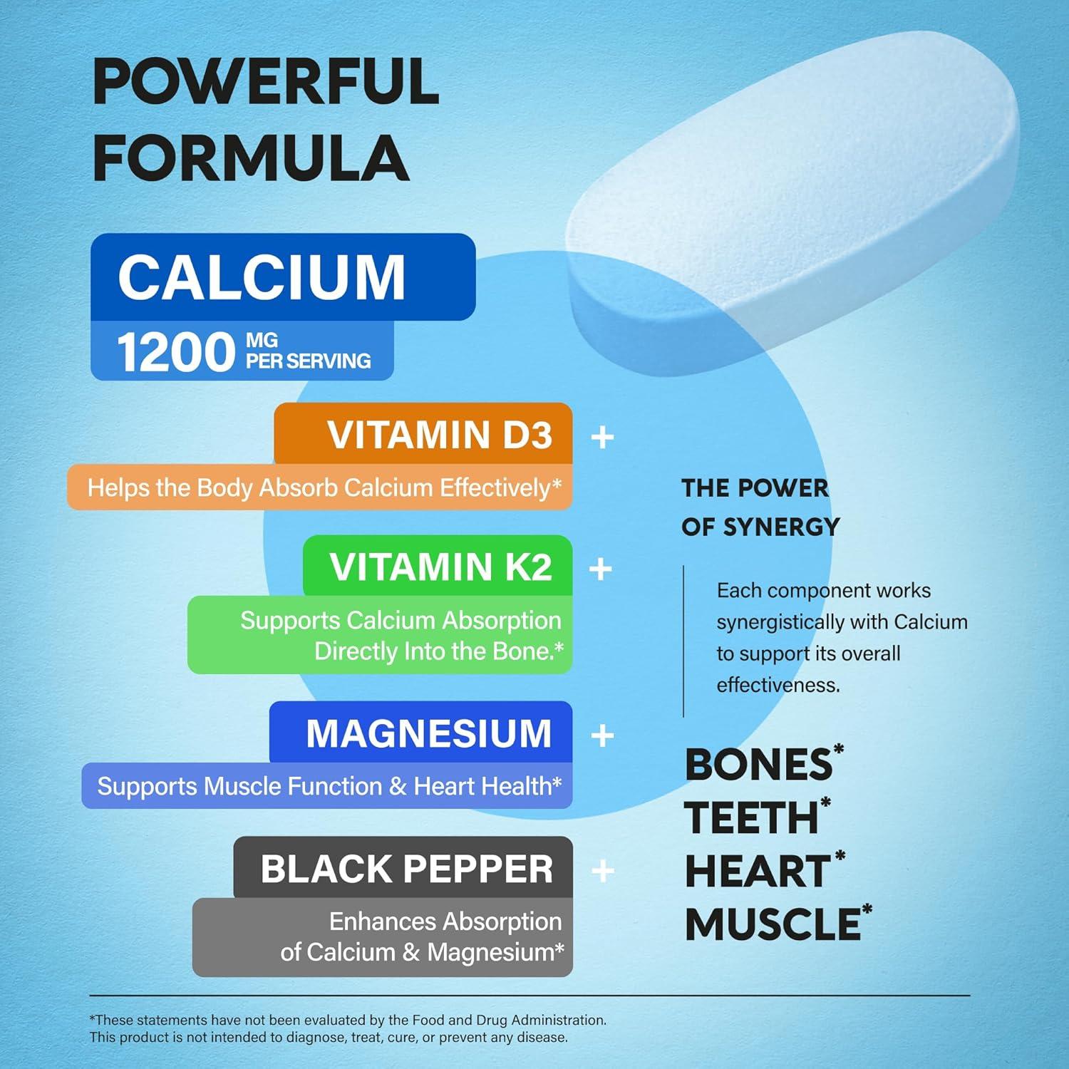 Suplemento de Calcio 1200 mg Nutra Harmony con D3 y K2 - 180 Tabletas
