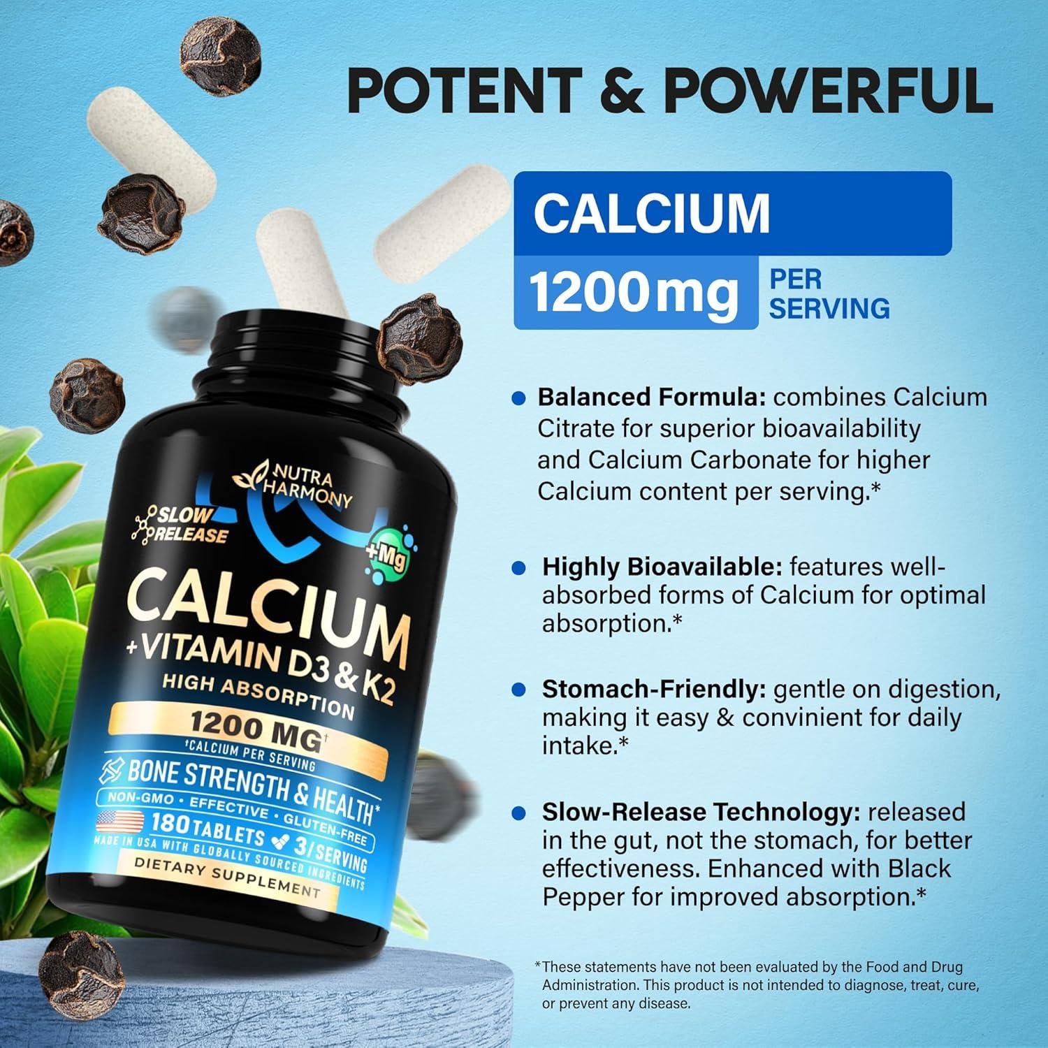 Suplemento de Calcio 1200 mg Nutra Harmony con D3 y K2 - 180 Tabletas