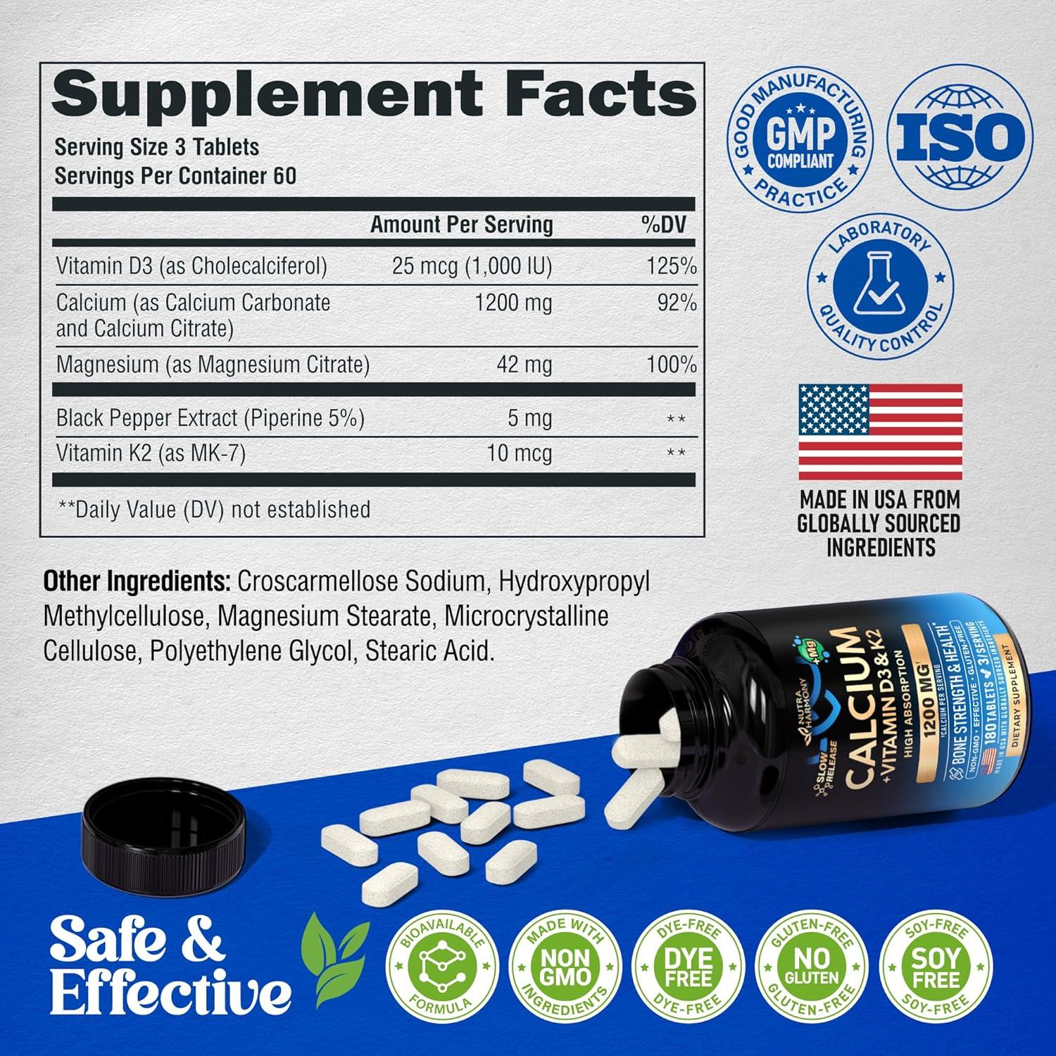 Suplemento de Calcio 1200 mg Nutra Harmony con D3 y K2 - 180 Tabletas