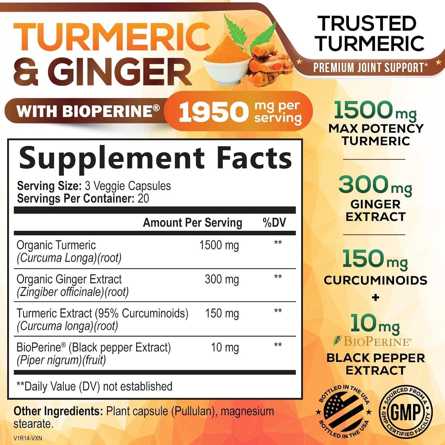 Suplemento de Cúrcuma y Curcumina 1950mg - Jengibre y BioPerine