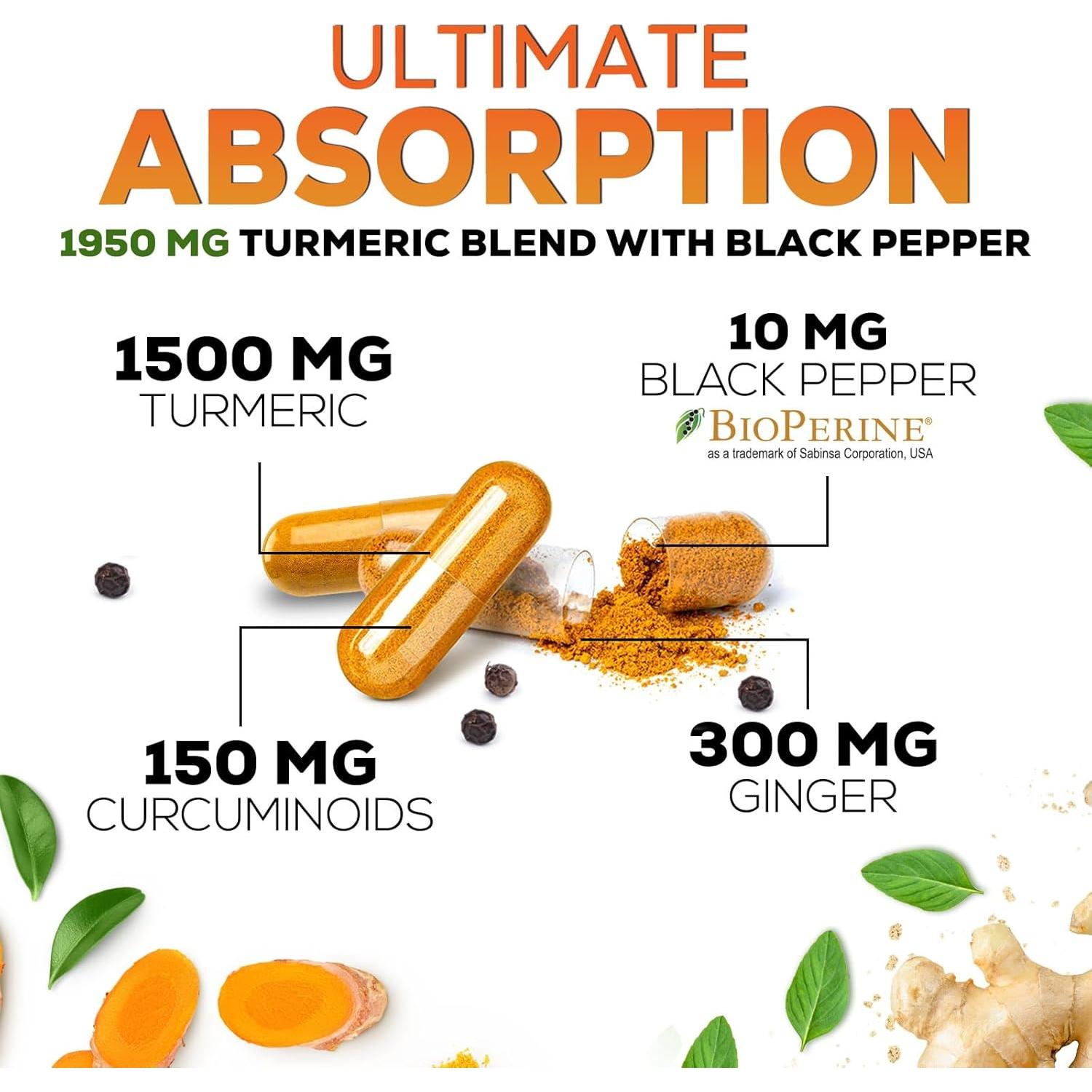 Suplemento de Cúrcuma y Curcumina 1950mg - Jengibre y BioPerine