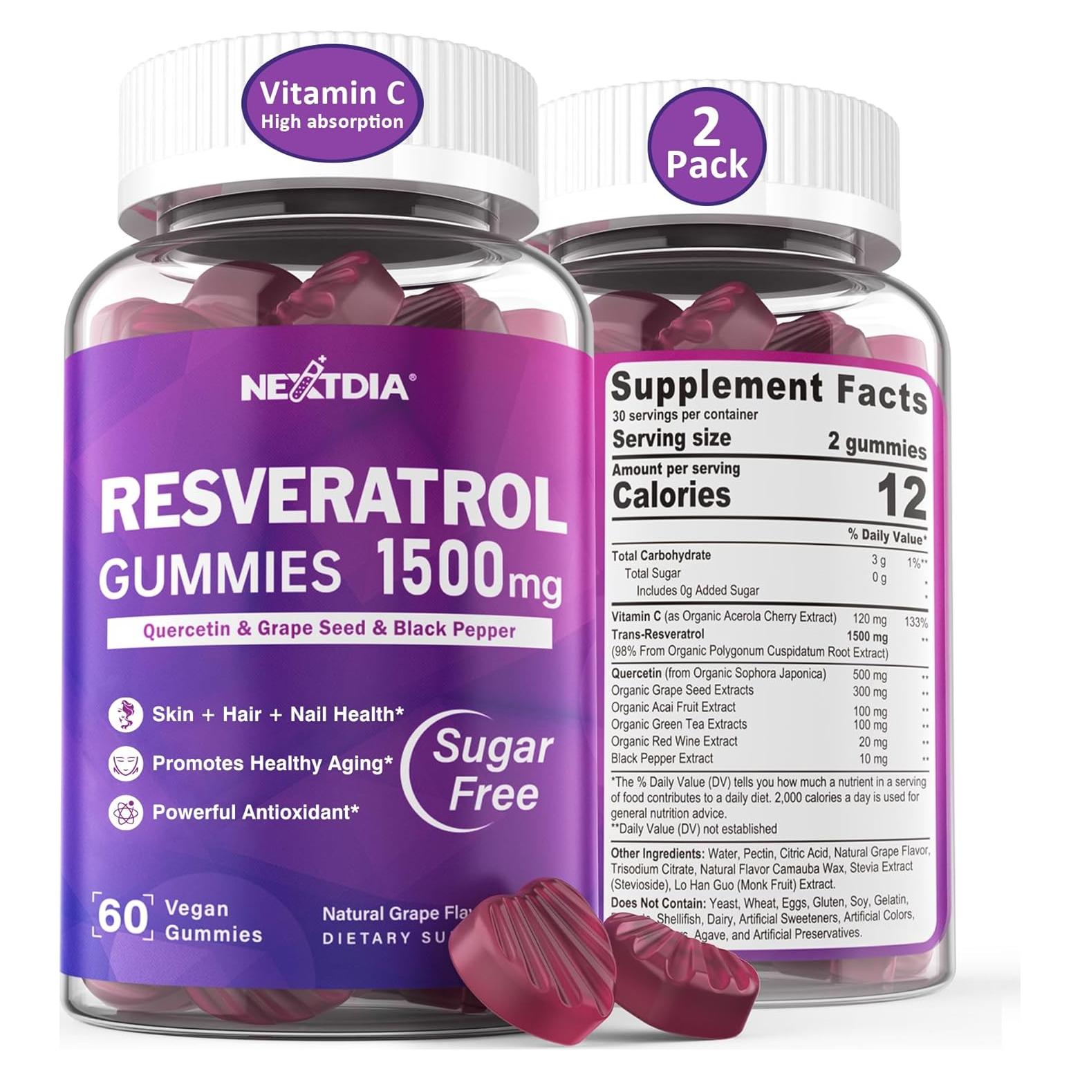 Gomitas de Resveratrol 1500mg Nextdia - Veganas, Sin Azúcar, 2 Paquetes