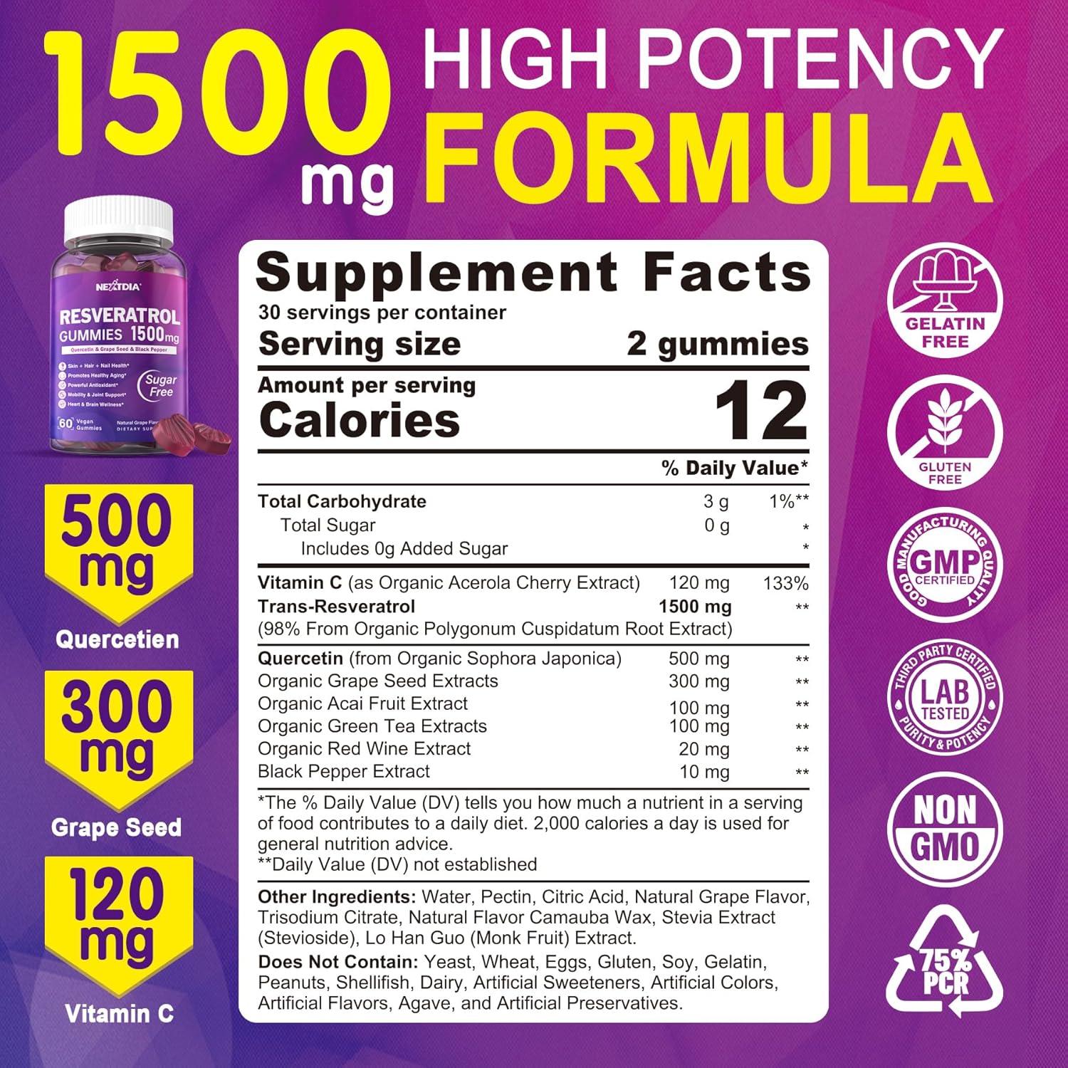 Gomitas de Resveratrol 1500mg Nextdia - Veganas, Sin Azúcar, 2 Paquetes