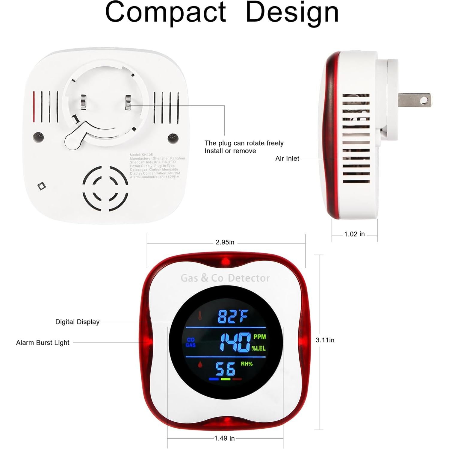 Detector de Gas y Monóxido de Carbono Hembisen 4 en 1 Enchufable