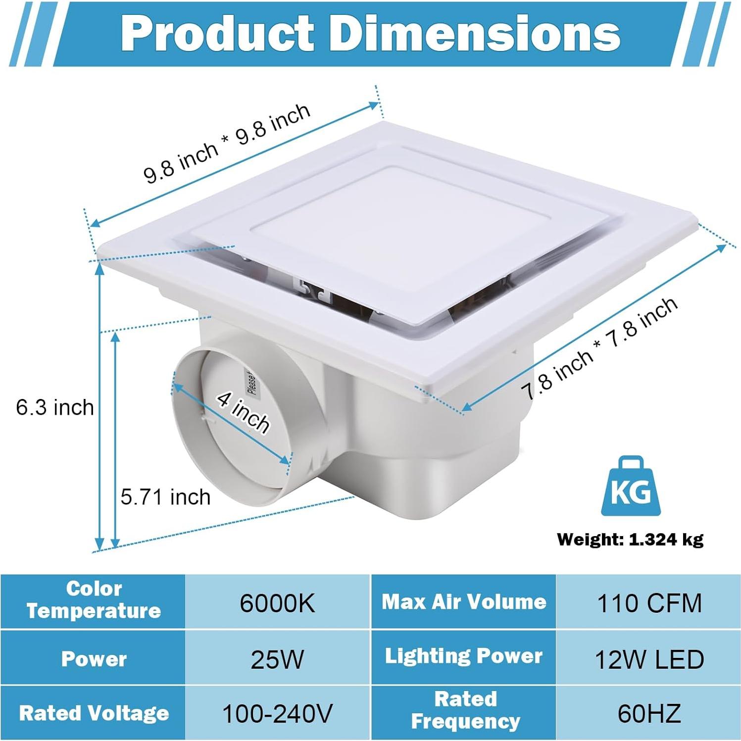 Ventilador de Baño FEITON con Luz LED 30W 110 CFM Silencioso