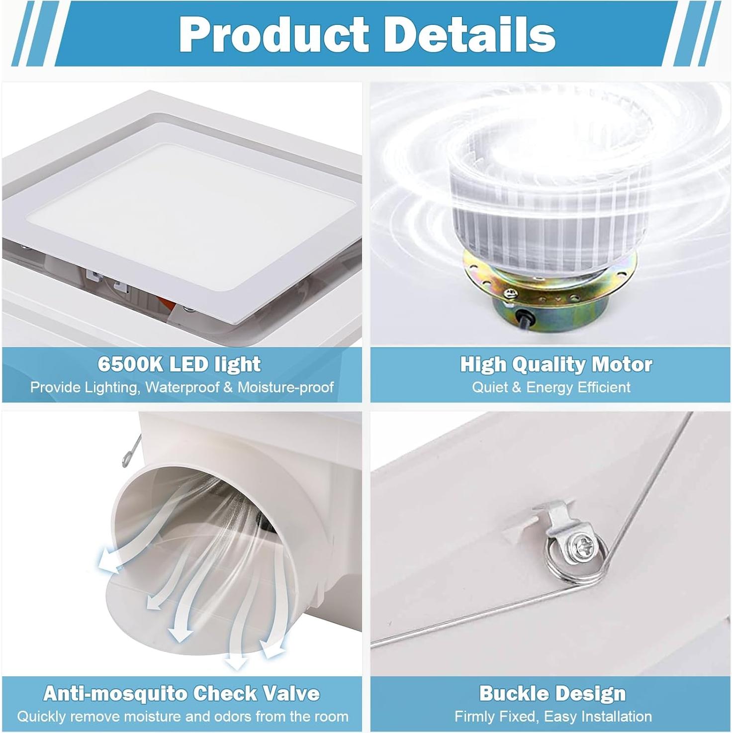 Ventilador de Baño FEITON con Luz LED 30W 110 CFM Silencioso