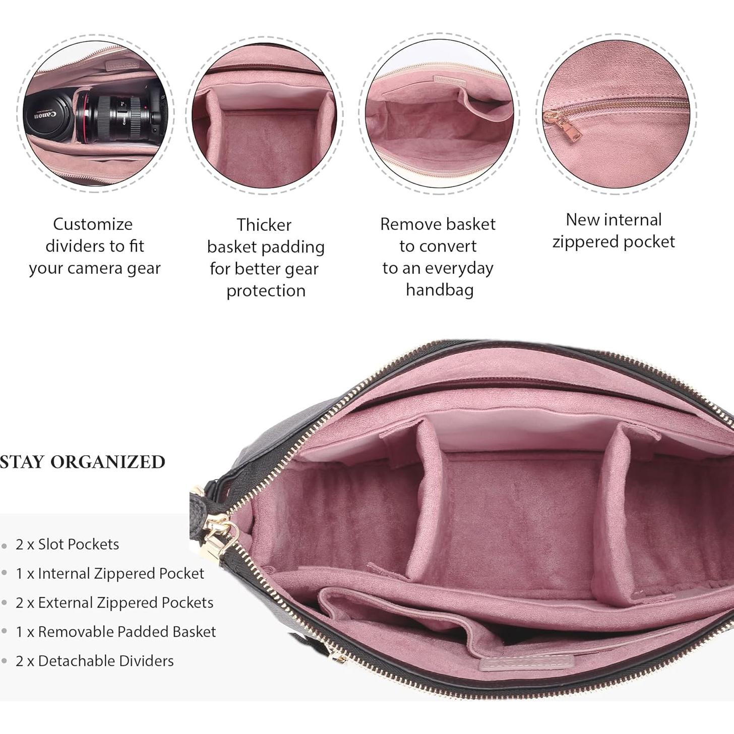 Bolsa de cámara Meliae para mujeres, tote negro 30.5x11.4cm