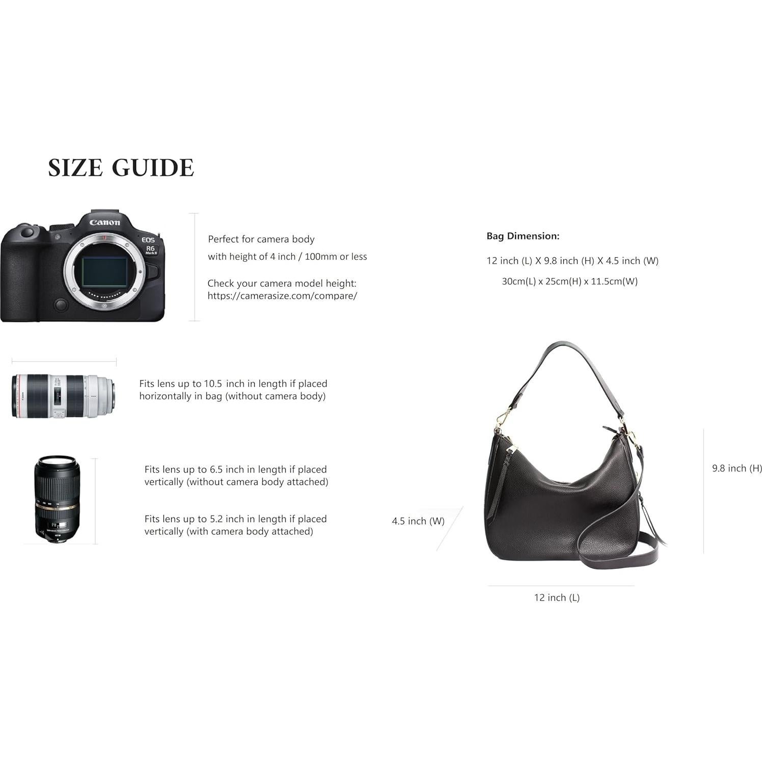 Bolsa de cámara Meliae para mujeres, tote negro 30.5x11.4cm