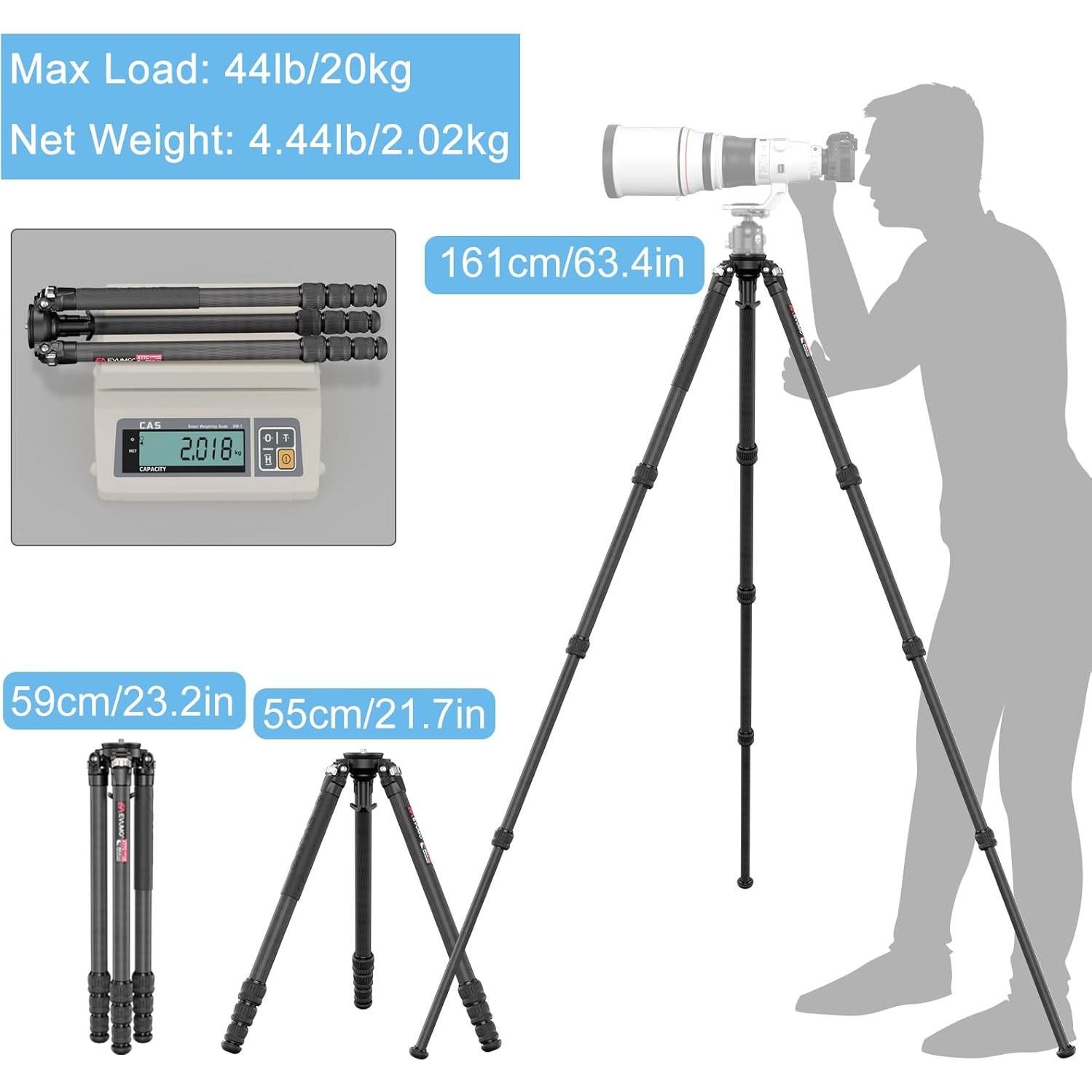 Trípode de fibra de carbono EVUMO XT7C 160 cm 20 kg profesional