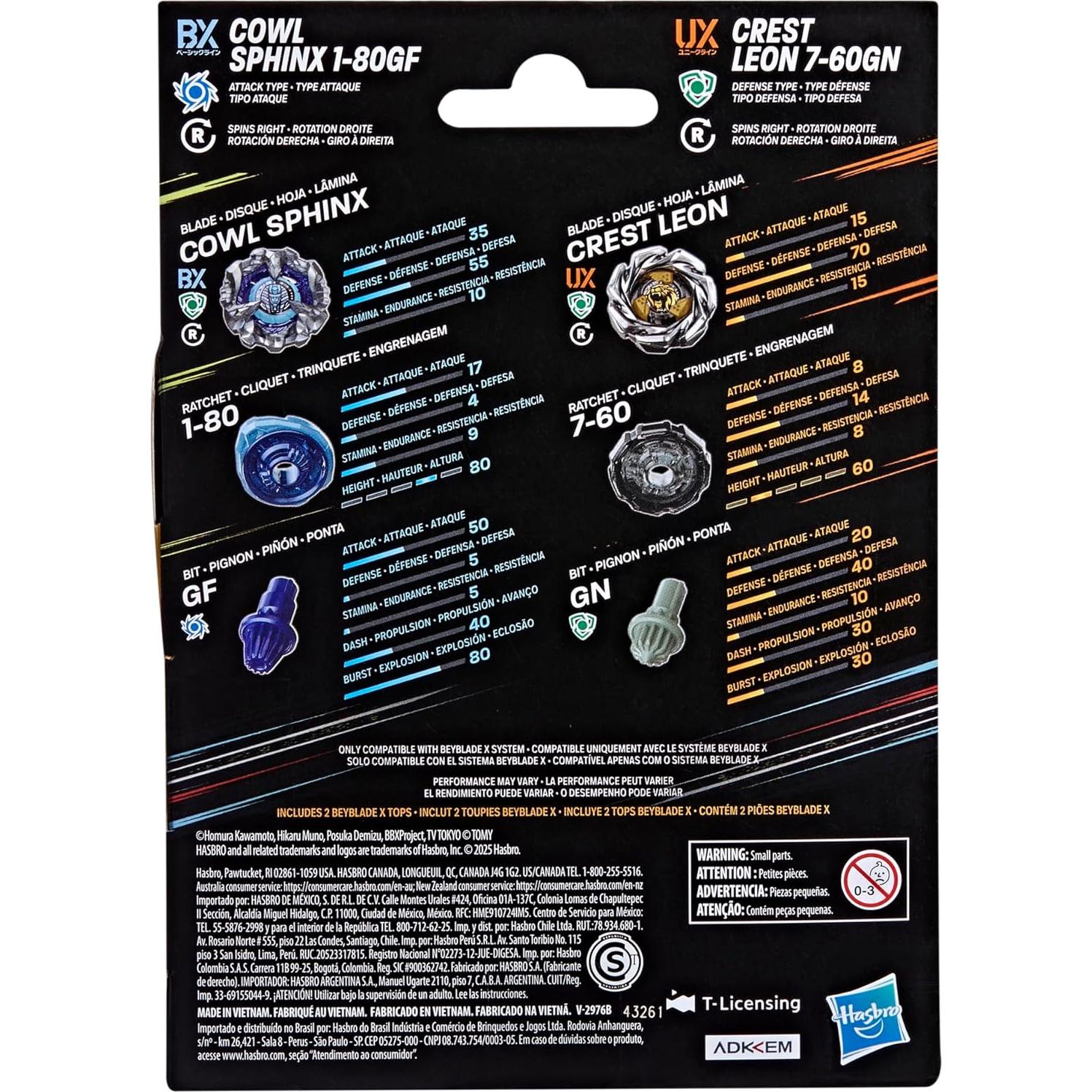 Set Beyblade X Cowl Sphinx 1-80GF y Crest Leon 7-60GN
