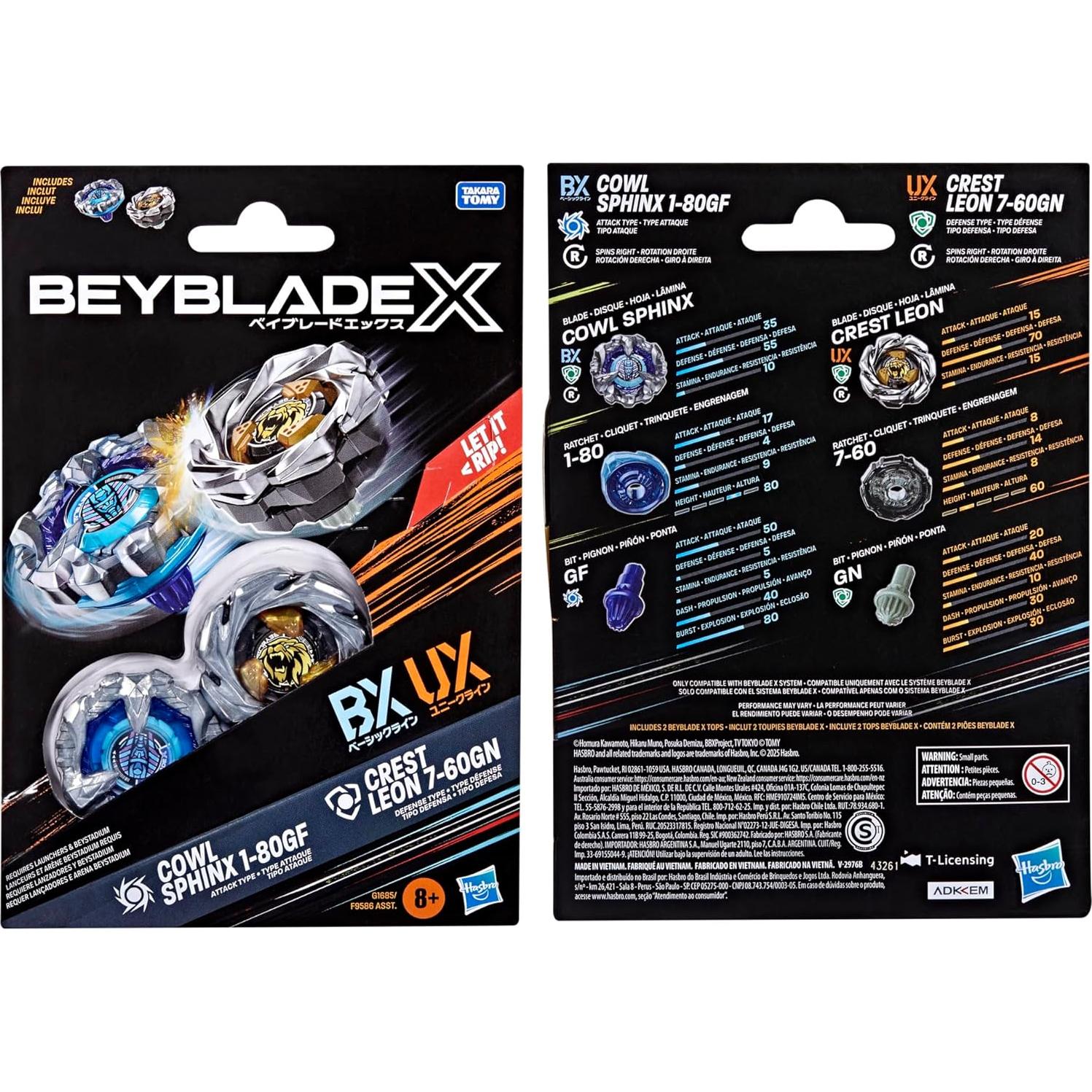 Set Beyblade X Cowl Sphinx 1-80GF y Crest Leon 7-60GN