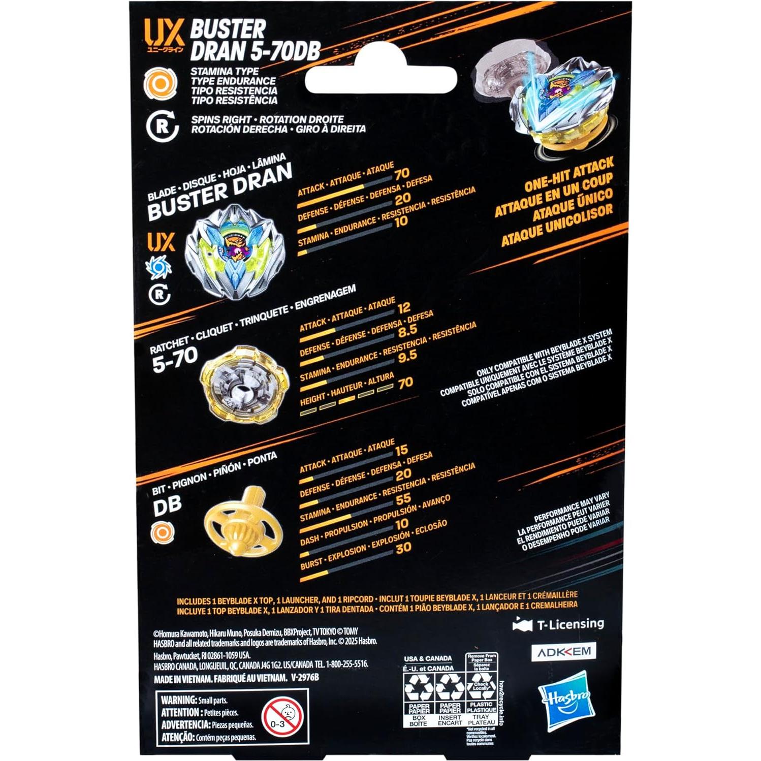 X Buster Dran 5-70DB UX Starter Pack Set with Stamina Type Top and Launcher; Authentic Takara Tomy Battle Tops Games/Toys for Boys and Girls 8+