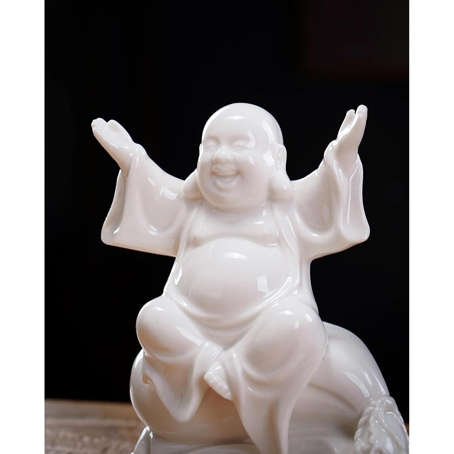 Estatua de Buda Risueño Blanca de Cerámica 11.3 cm para Buena Suerte