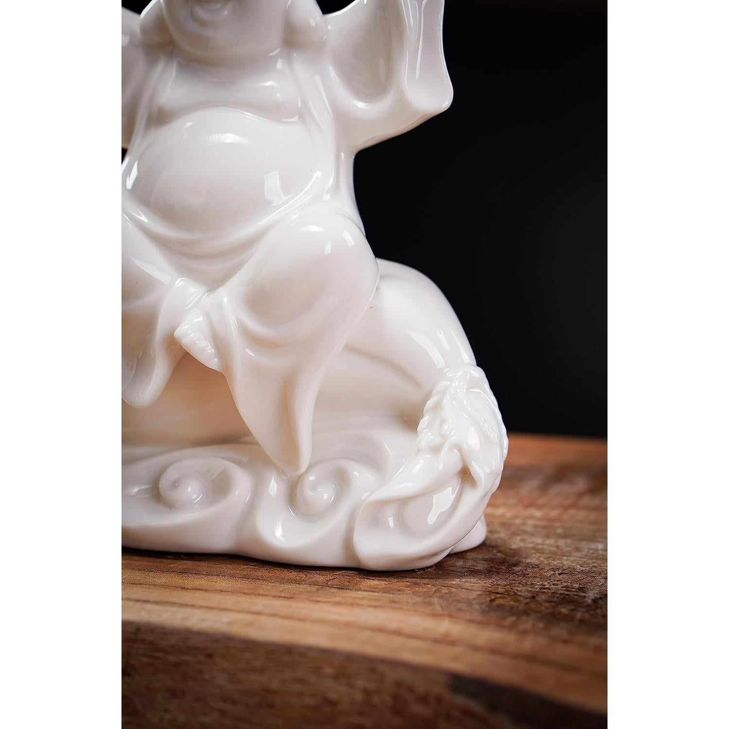 Estatua de Buda Risueño Blanca de Cerámica 11.3 cm para Buena Suerte