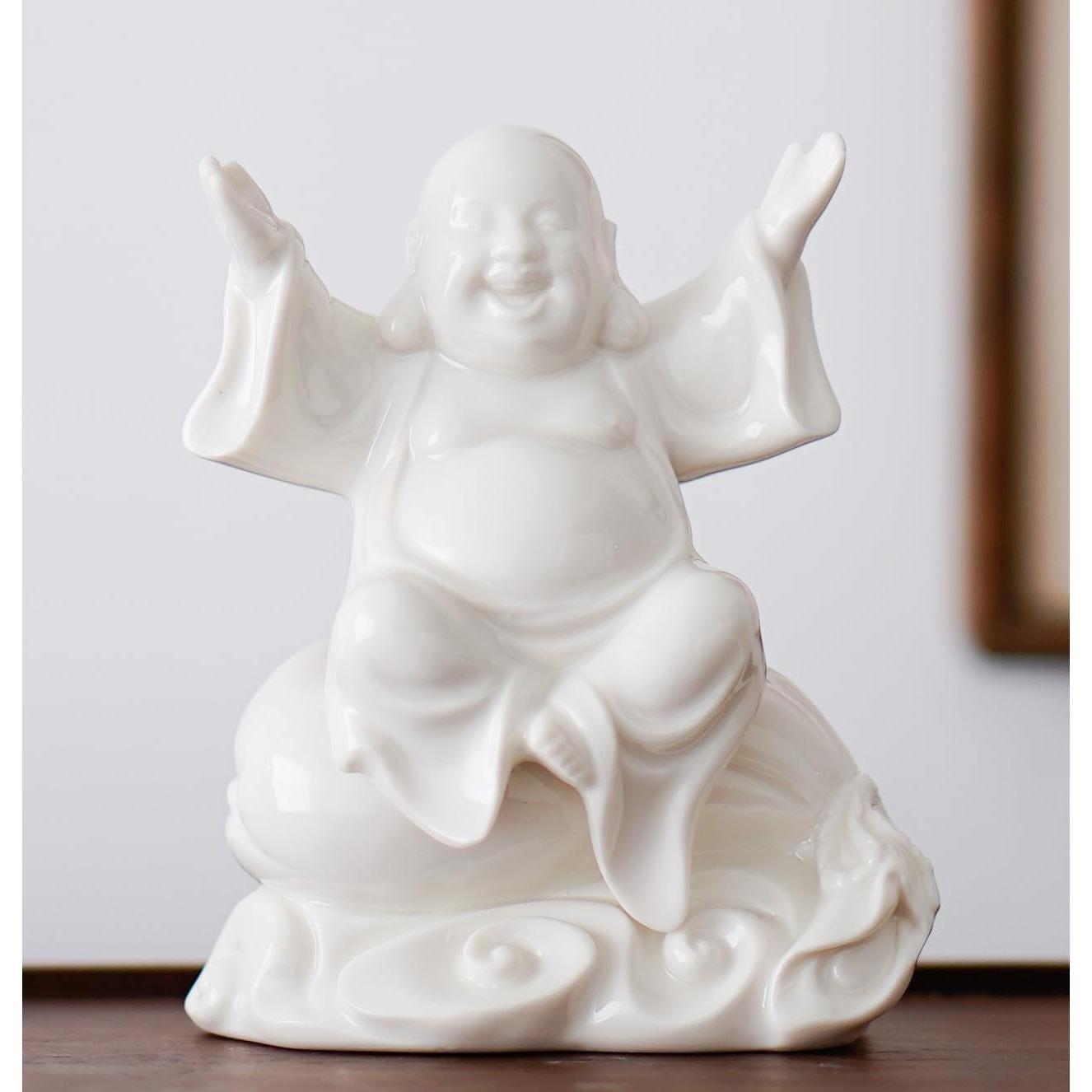 Estatua de Buda Risueño Blanca de Cerámica 11.3 cm para Buena Suerte