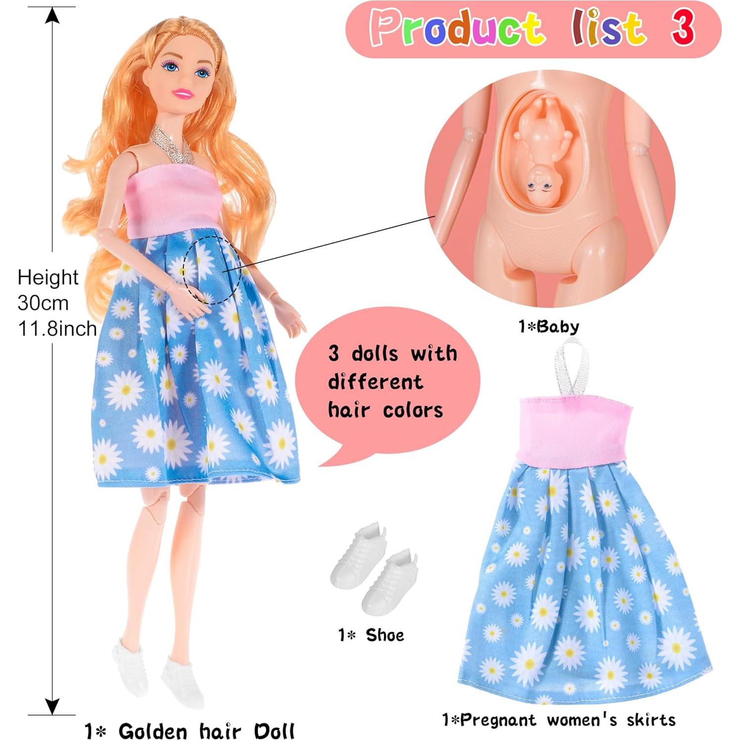 Paquete de 3 muñecas embarazadas Dollbie 29 cm intercambiables