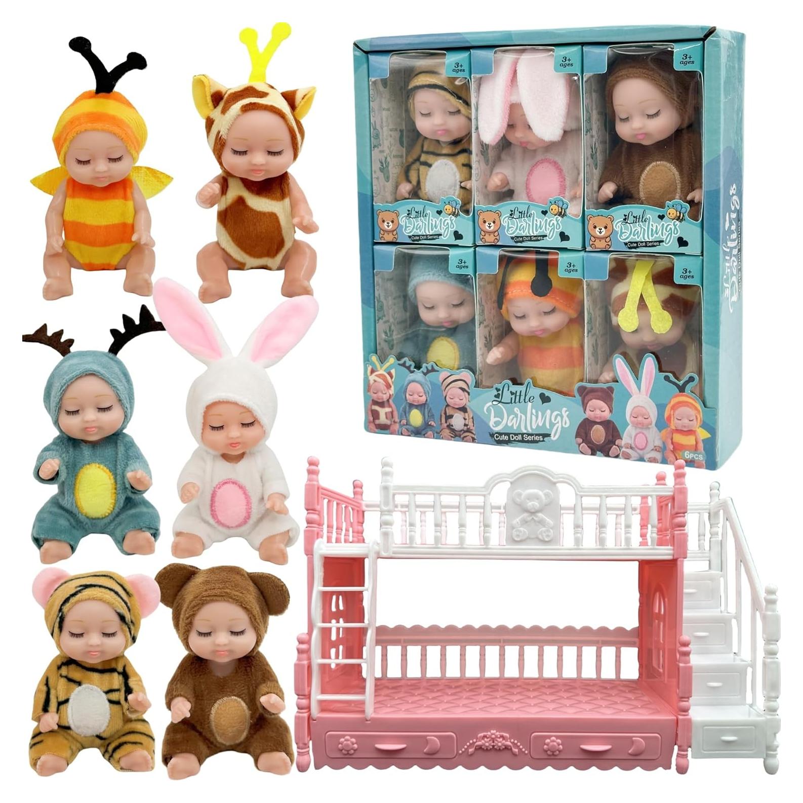 6 Mini Muñecas Bebé Adorables con Trajes de Animales y Cama