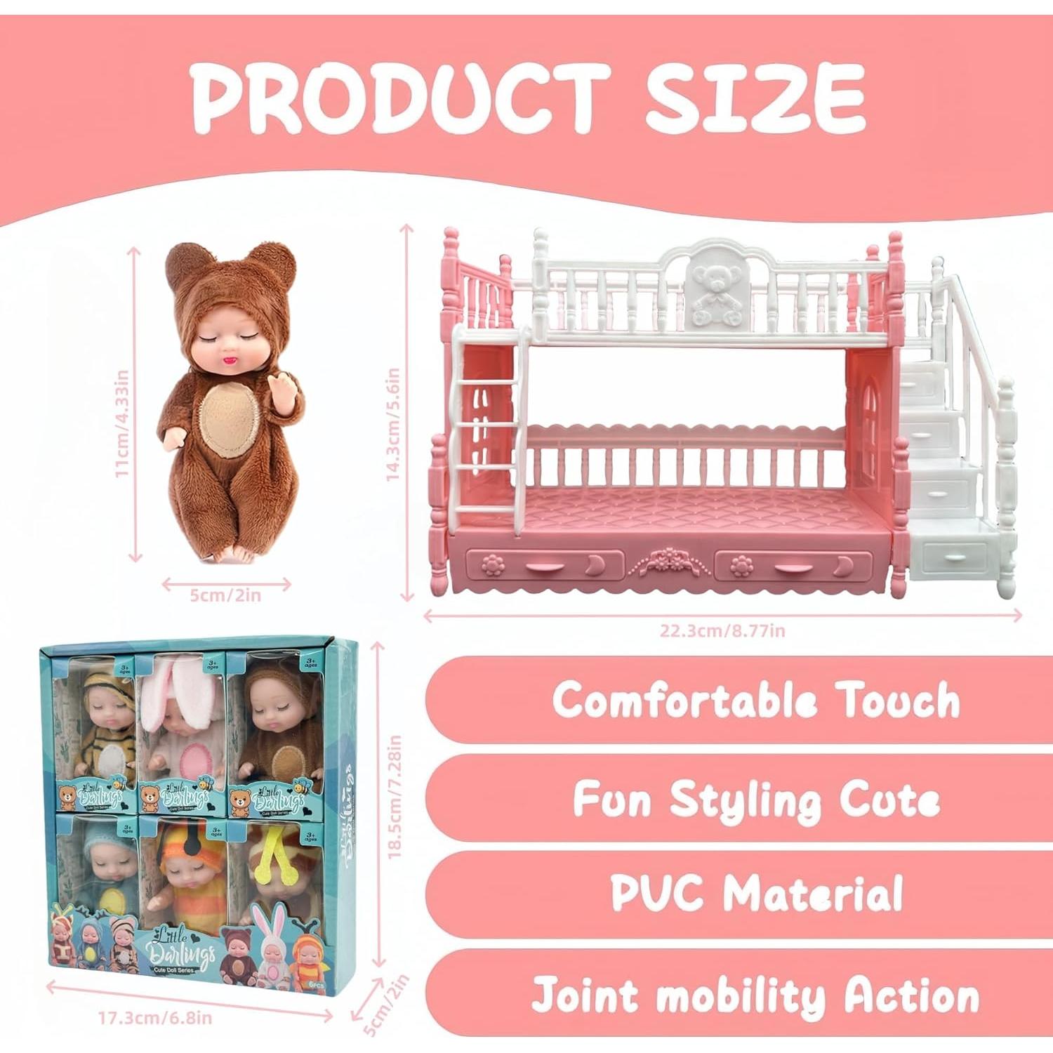 6 Mini Muñecas Bebé Adorables con Trajes de Animales y Cama