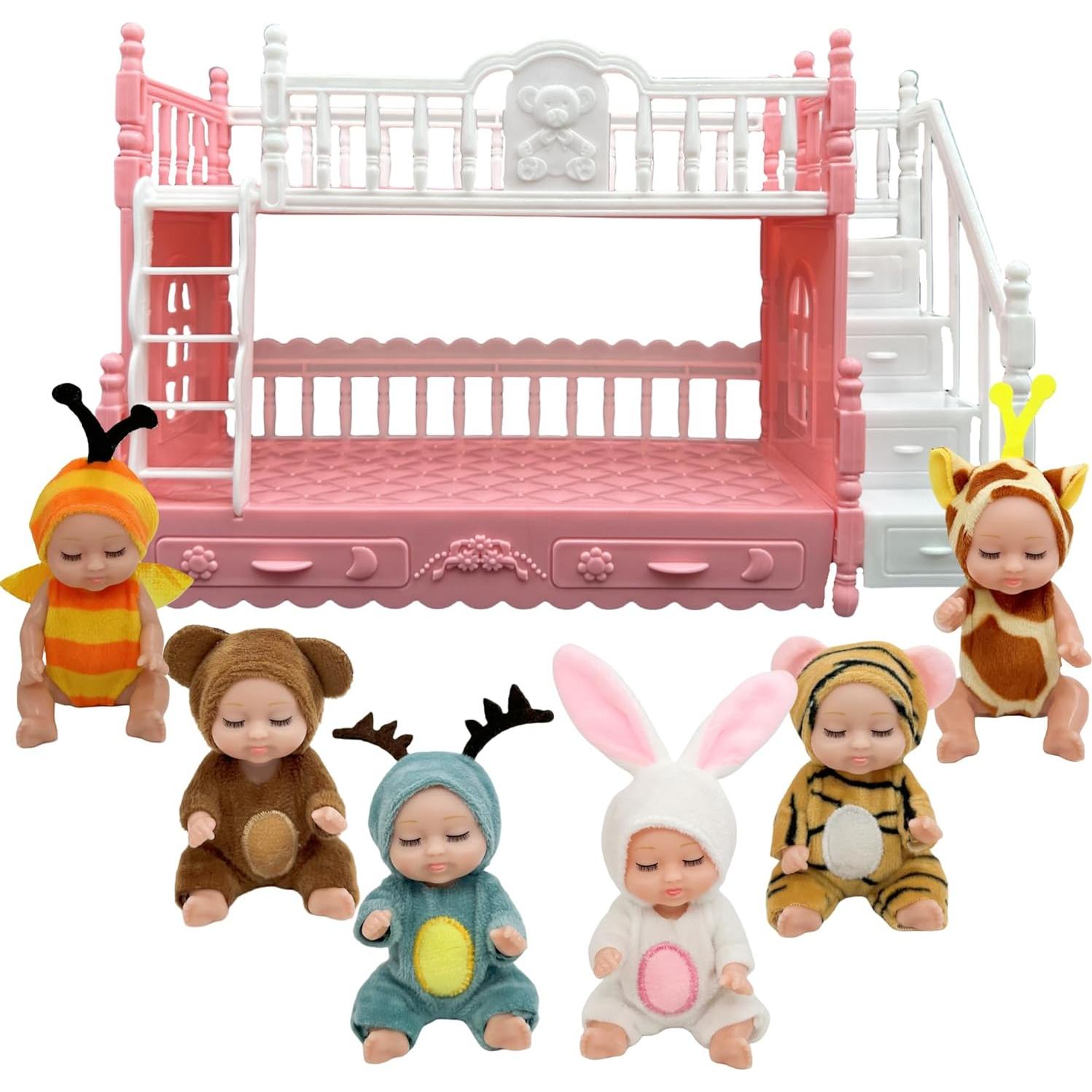 6 Mini Muñecas Bebé Adorables con Trajes de Animales y Cama