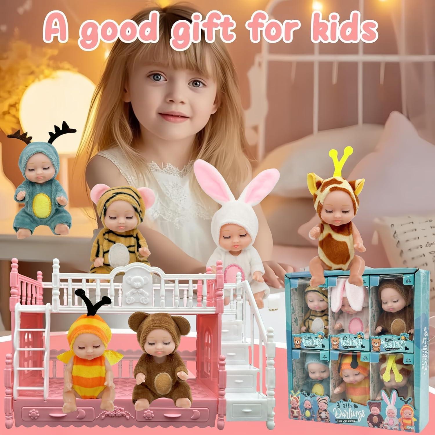 6 Mini Muñecas Bebé Adorables con Trajes de Animales y Cama