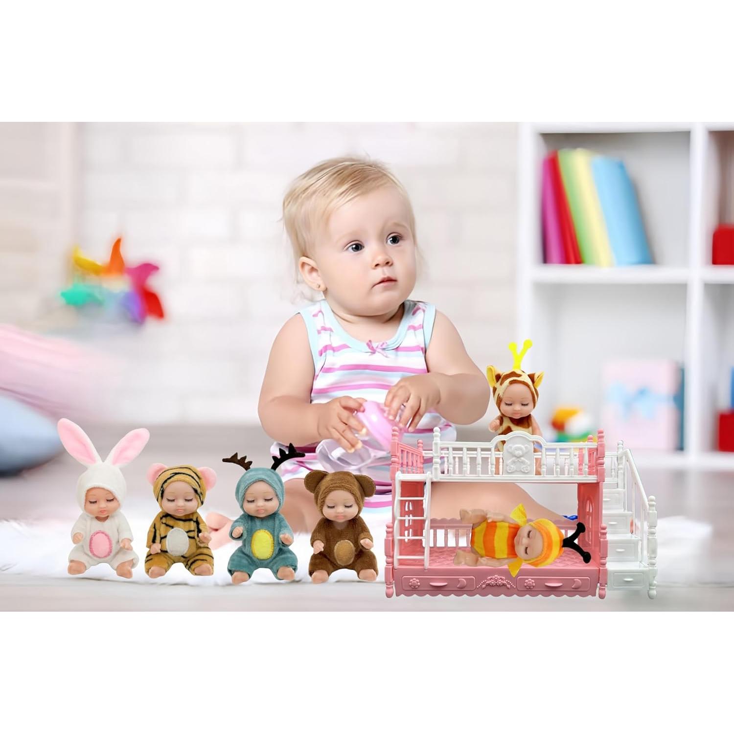 6 Mini Muñecas Bebé Adorables con Trajes de Animales y Cama