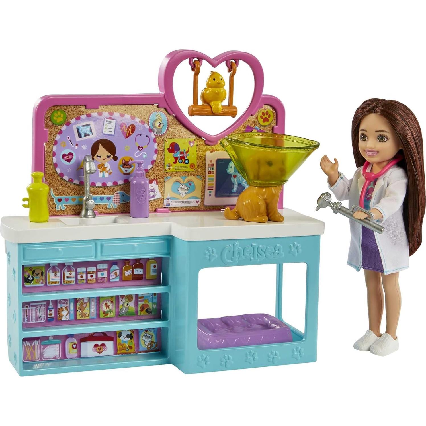 Chelsea Doll and Accessories, Pet Vet Playset with Doll, 4 Animals and 18 Pieces