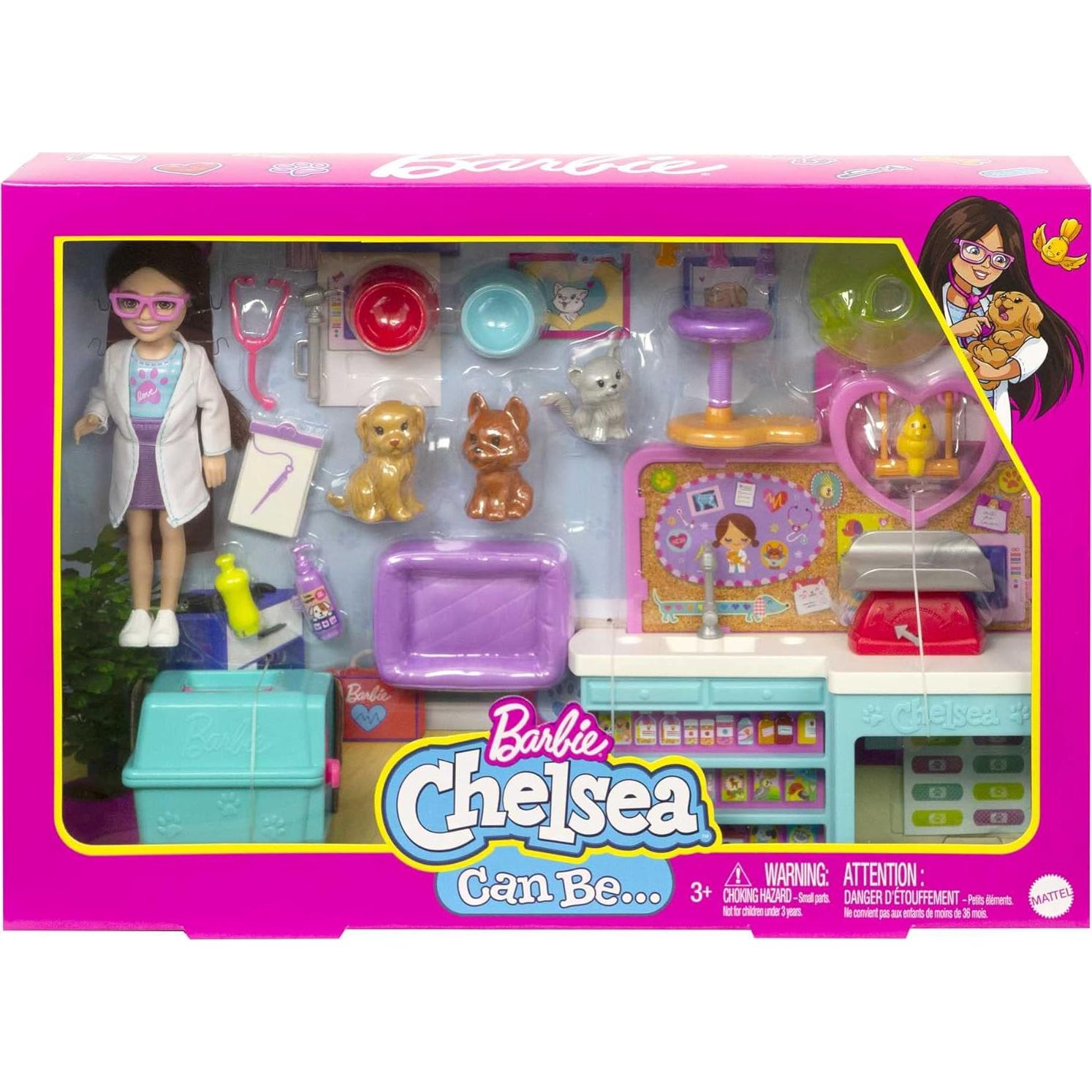 Chelsea Doll and Accessories, Pet Vet Playset with Doll, 4 Animals and 18 Pieces