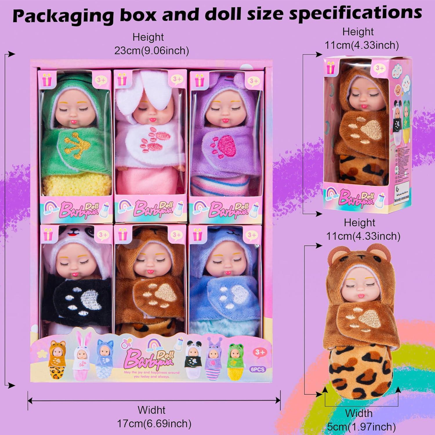 Paquete de 6 Mini Muñecas Bebé Dollbie 10 cm con Saco de Dormir