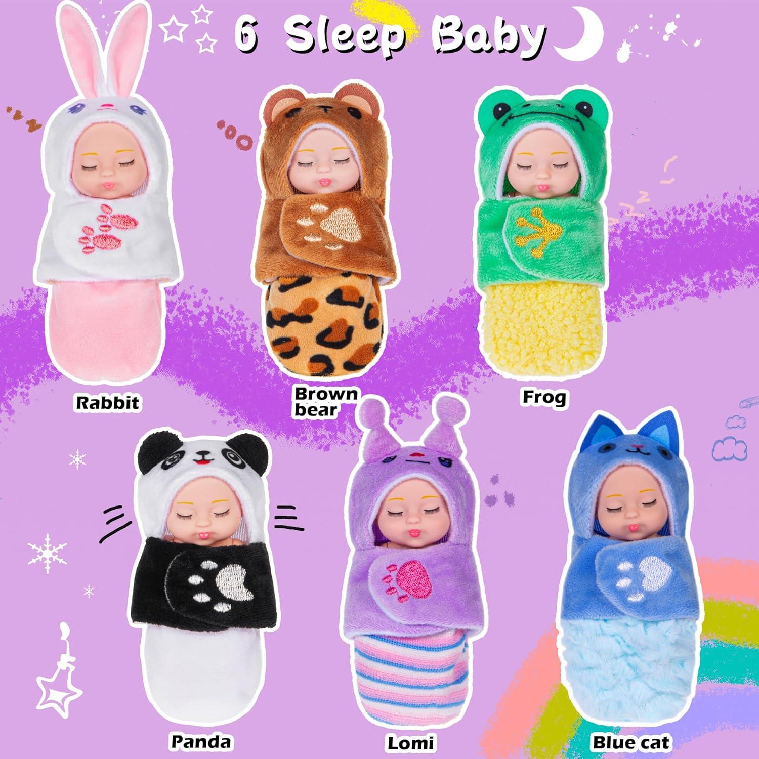 Paquete de 6 Mini Muñecas Bebé Dollbie 10 cm con Saco de Dormir