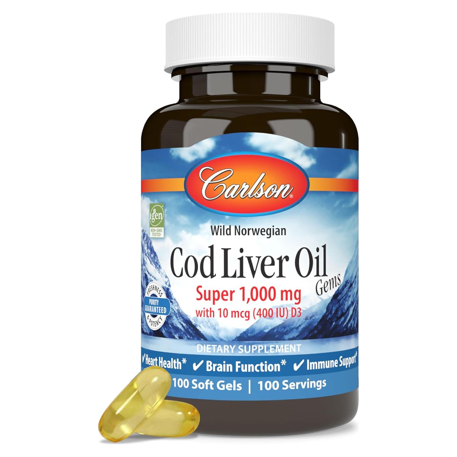 Carlson Aceite de Hígado de Bacalao 1000 mg + Vitaminas A y D3 - 100 Cápsulas