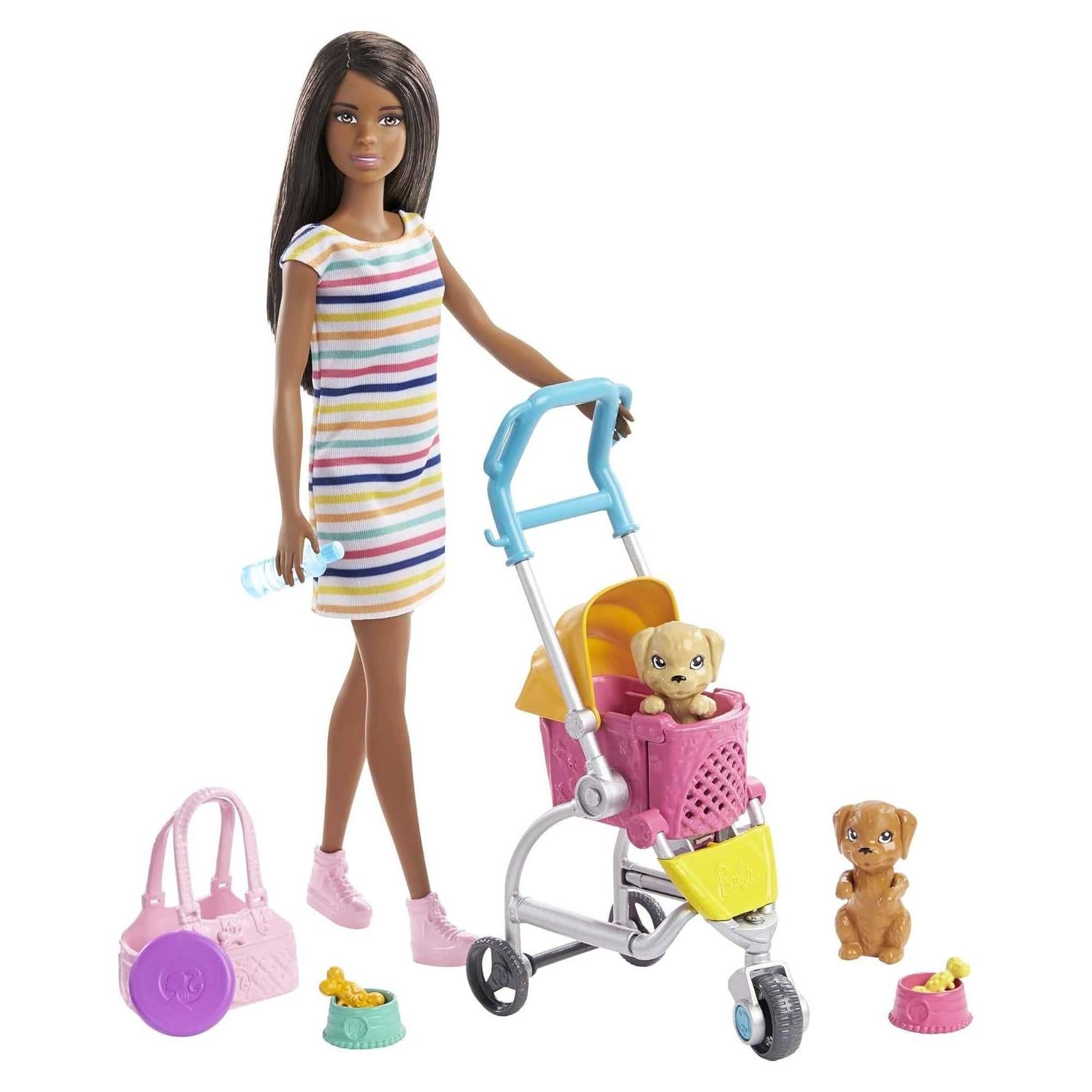 Dogwalking Doll & Accessories, Stroll & Play Pups Playset with Transforming Stroller, 2 Pets & Handbag, Brunette Doll
