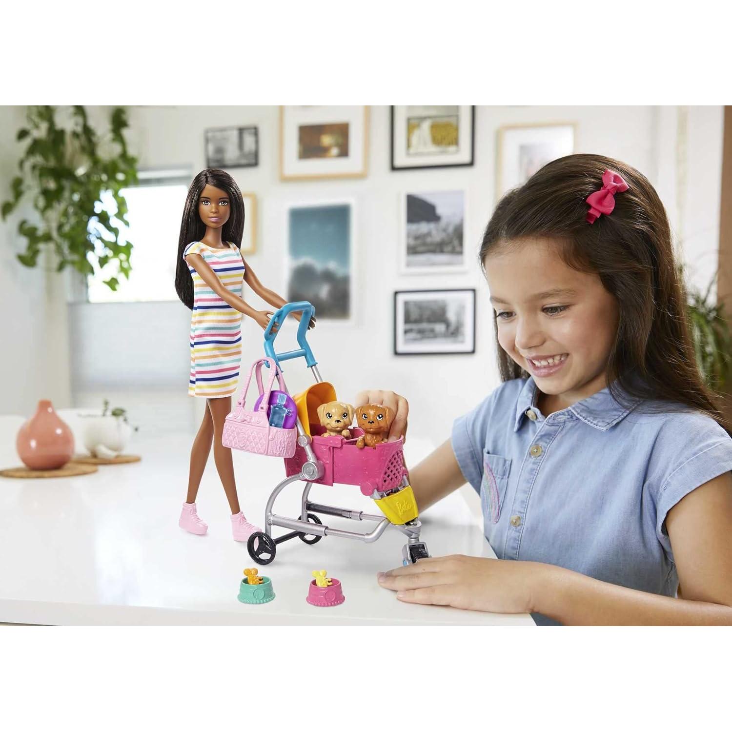 Dogwalking Doll & Accessories, Stroll & Play Pups Playset with Transforming Stroller, 2 Pets & Handbag, Brunette Doll