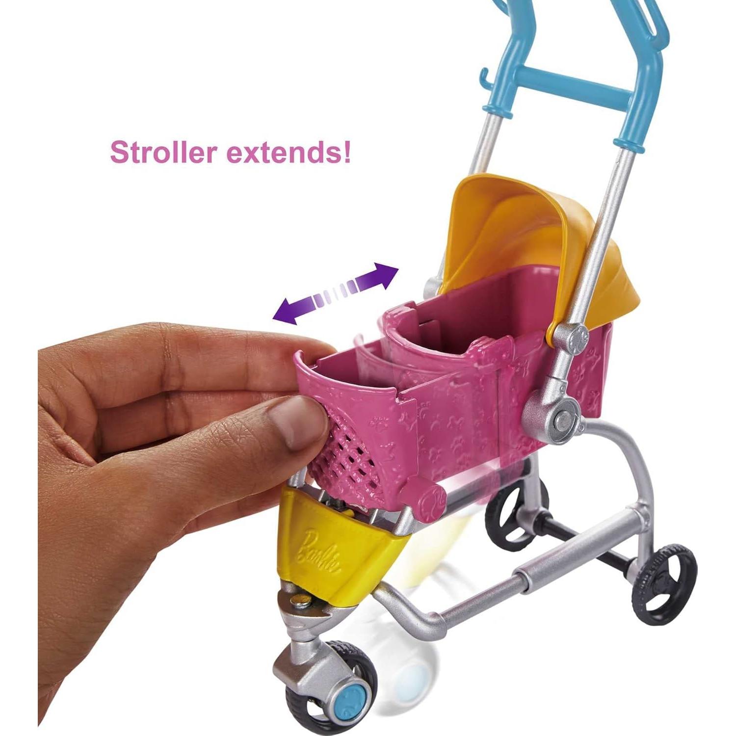 Dogwalking Doll & Accessories, Stroll & Play Pups Playset with Transforming Stroller, 2 Pets & Handbag, Brunette Doll