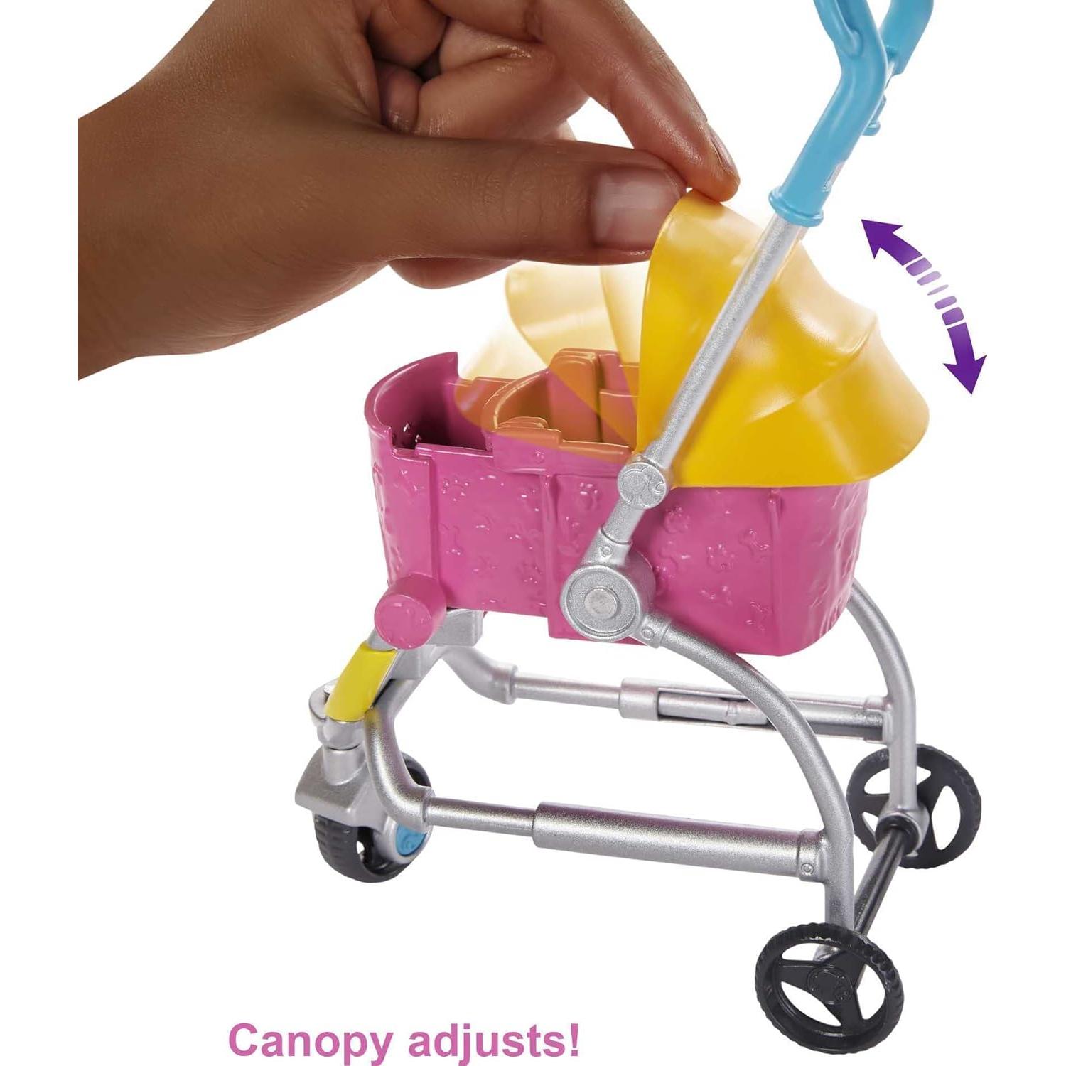 Dogwalking Doll & Accessories, Stroll & Play Pups Playset with Transforming Stroller, 2 Pets & Handbag, Brunette Doll