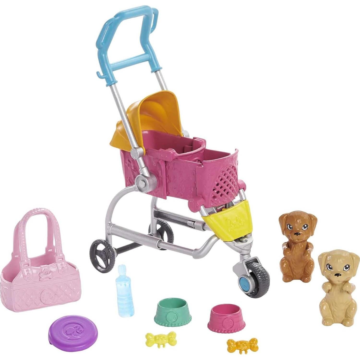 Dogwalking Doll & Accessories, Stroll & Play Pups Playset with Transforming Stroller, 2 Pets & Handbag, Brunette Doll