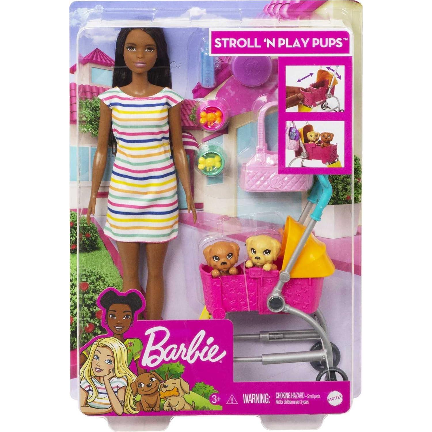 Dogwalking Doll & Accessories, Stroll & Play Pups Playset with Transforming Stroller, 2 Pets & Handbag, Brunette Doll