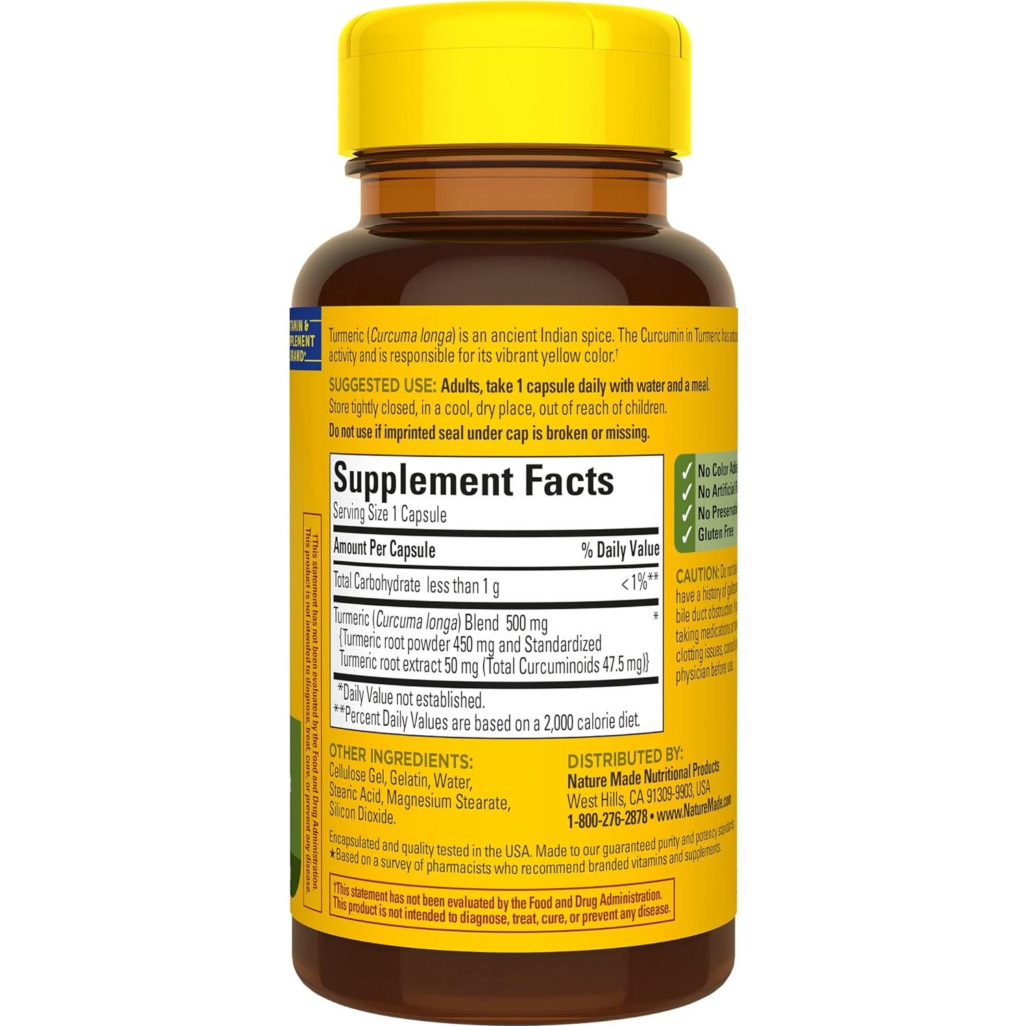 Cápsulas de Cúrcuma Curcumina 500 mg Nature Made - 60 Unidades