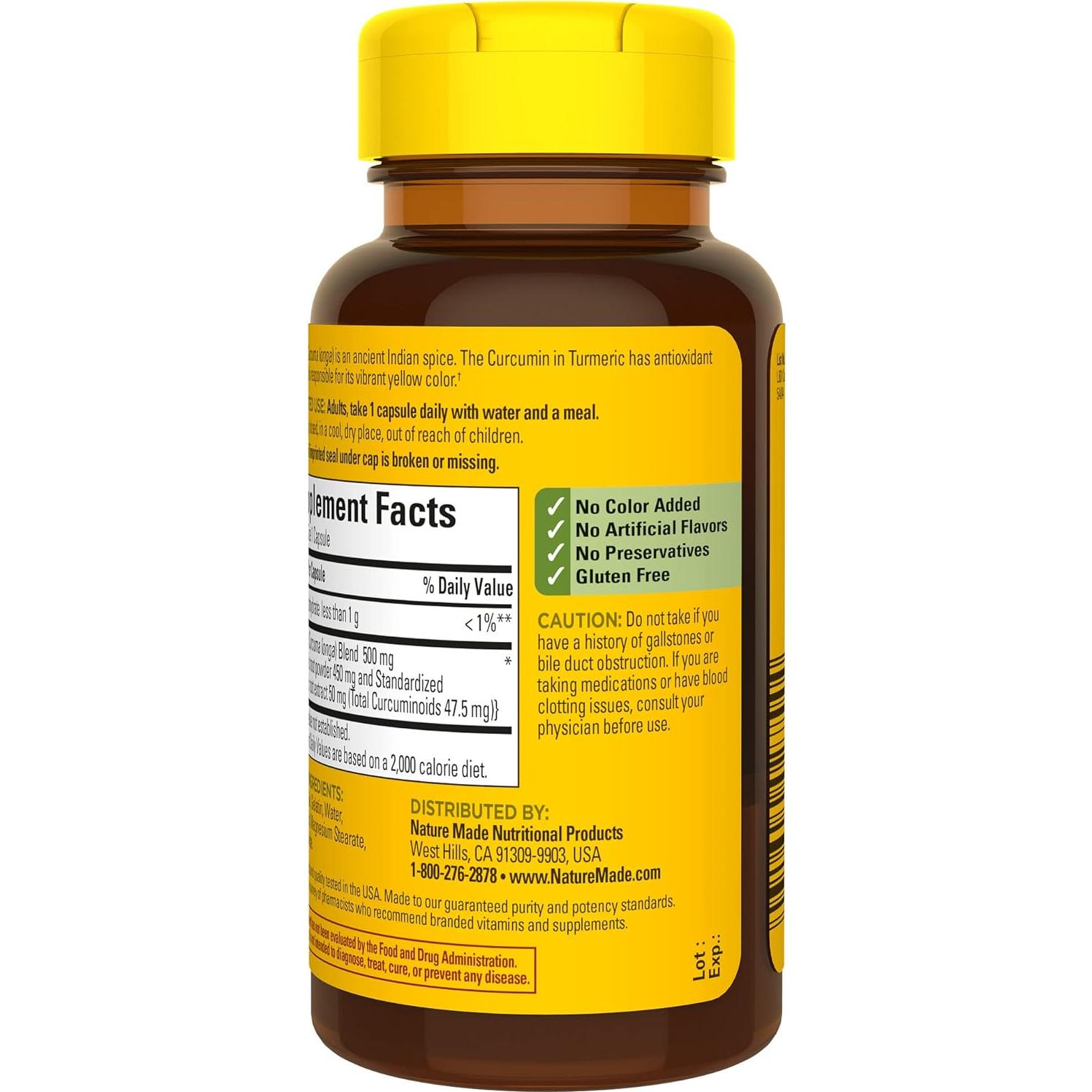 Cápsulas de Cúrcuma Curcumina 500 mg Nature Made - 60 Unidades