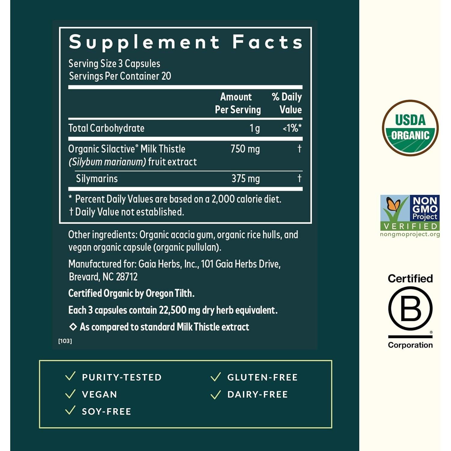 Suplemento Hepático Gaia Herbs Cardo Mariano 60 Cápsulas Veganas