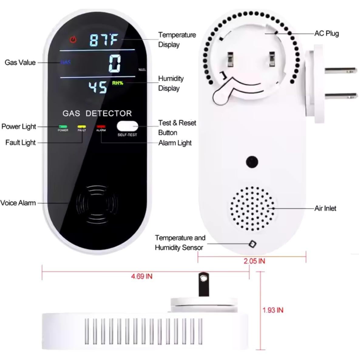 Detector de Gas Natural 3-en-1 Genérico KH107 LCD Con Alarma