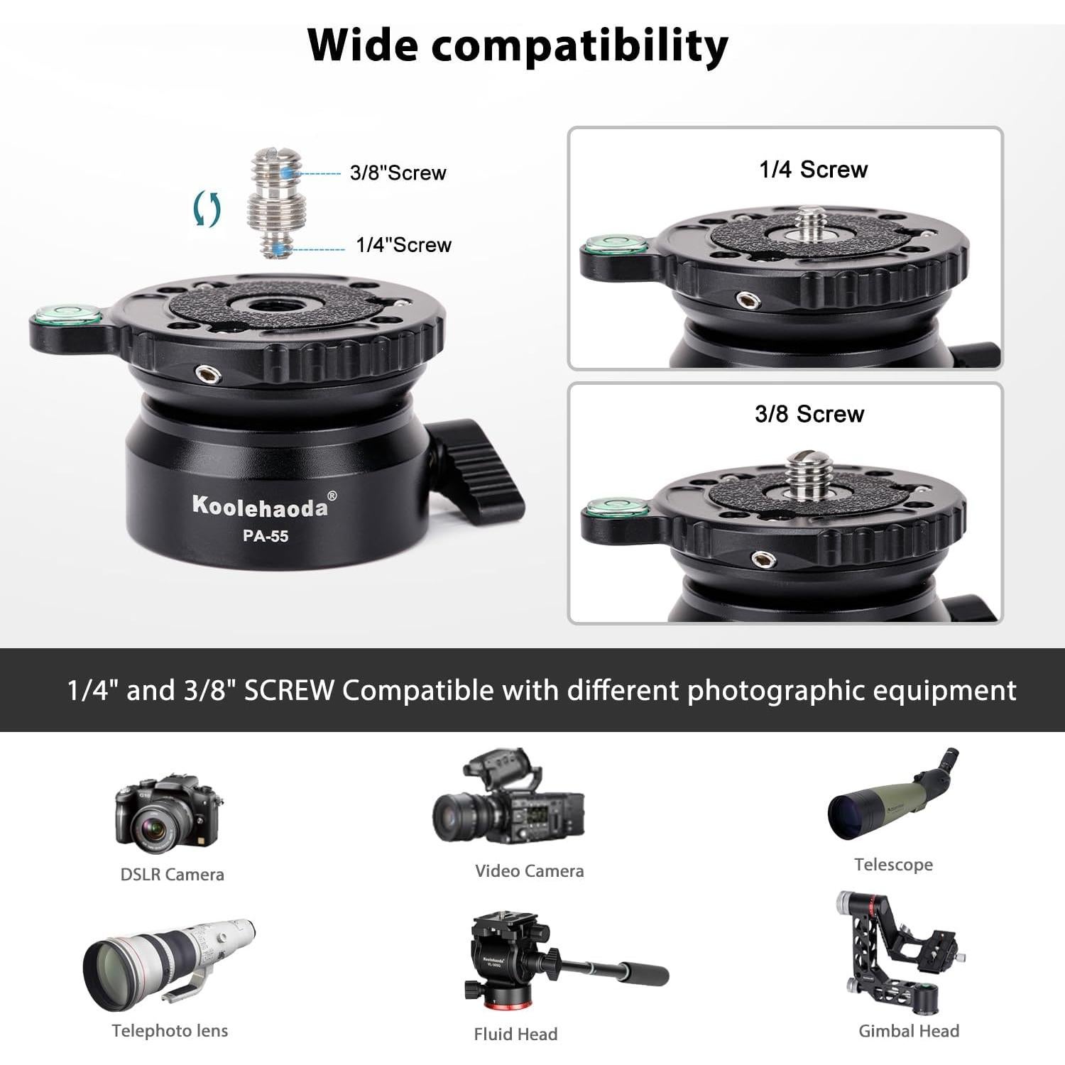 Base de Nivelación Koolehaoda PA-55 para Trípode, Aluminio, 15°