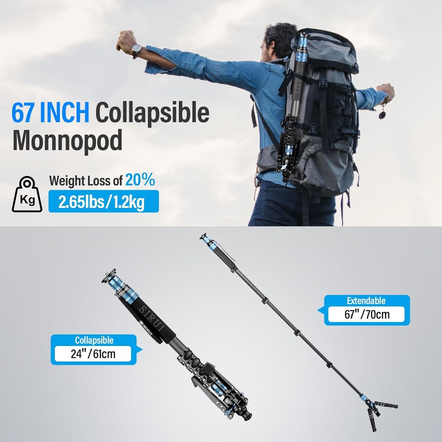 Monopie SIRUI P-325FL de Fibra de Carbono 67" 10kg 3 en 1