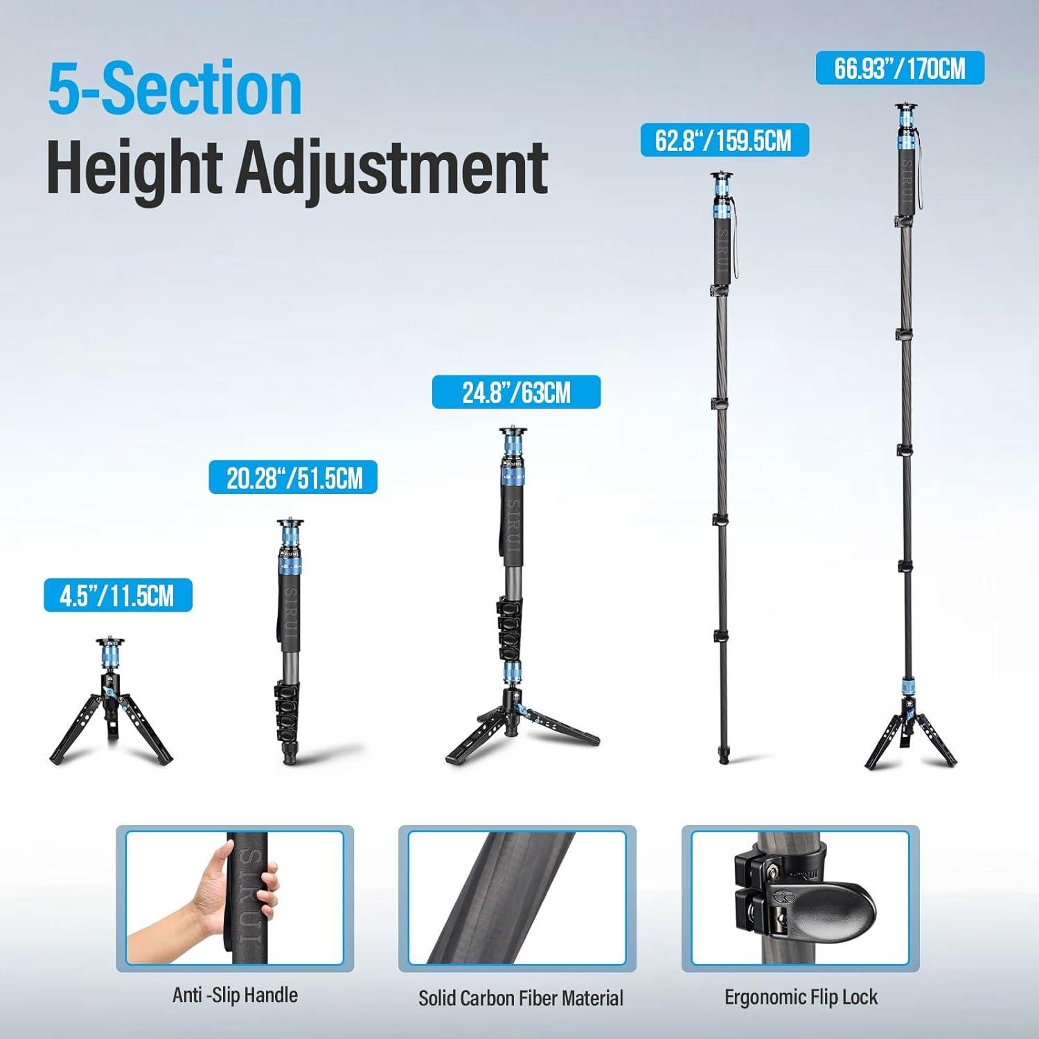 Monopie SIRUI P-325FL de Fibra de Carbono 67" 10kg 3 en 1