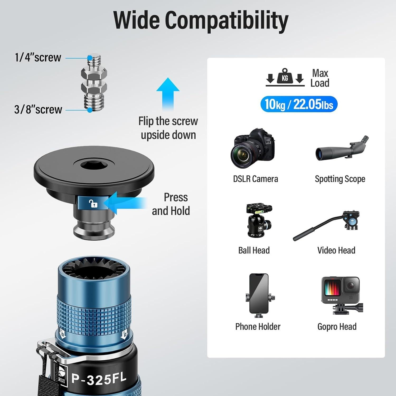 Monopie SIRUI P-325FL de Fibra de Carbono 67" 10kg 3 en 1