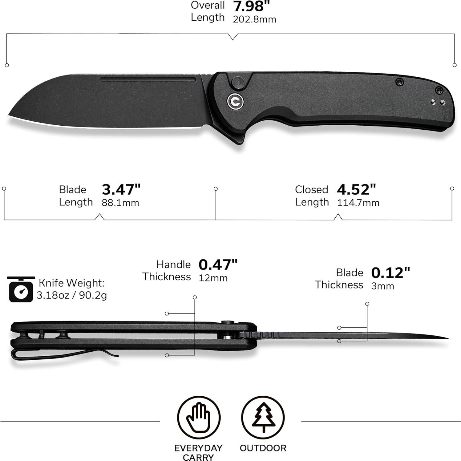 Cuchillo Plegable CIVIVI Chevalier II 8.81 cm Aluminio Negro